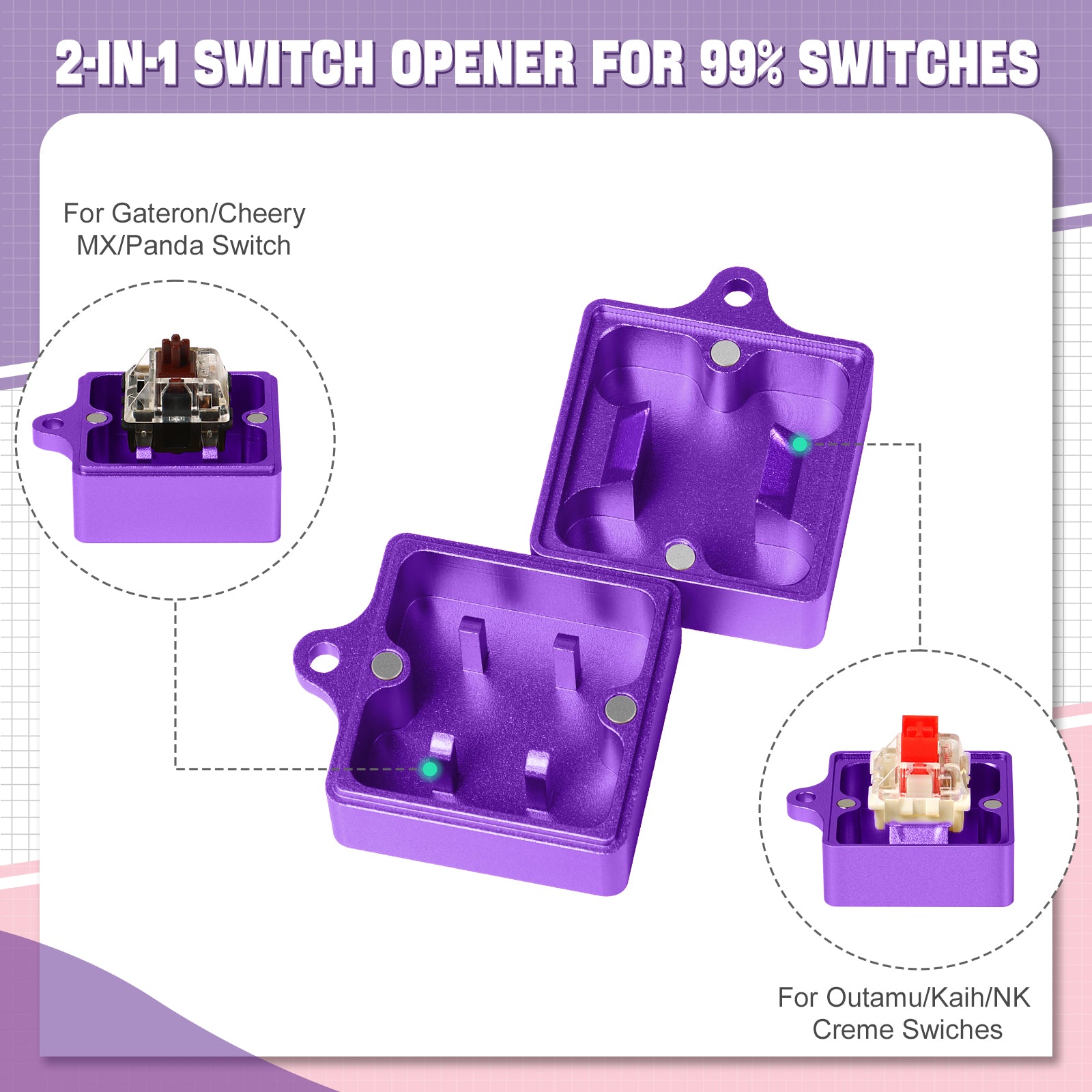 Purple 2-in-1 switch opener compatible with Gateron and Cherry MX switches.