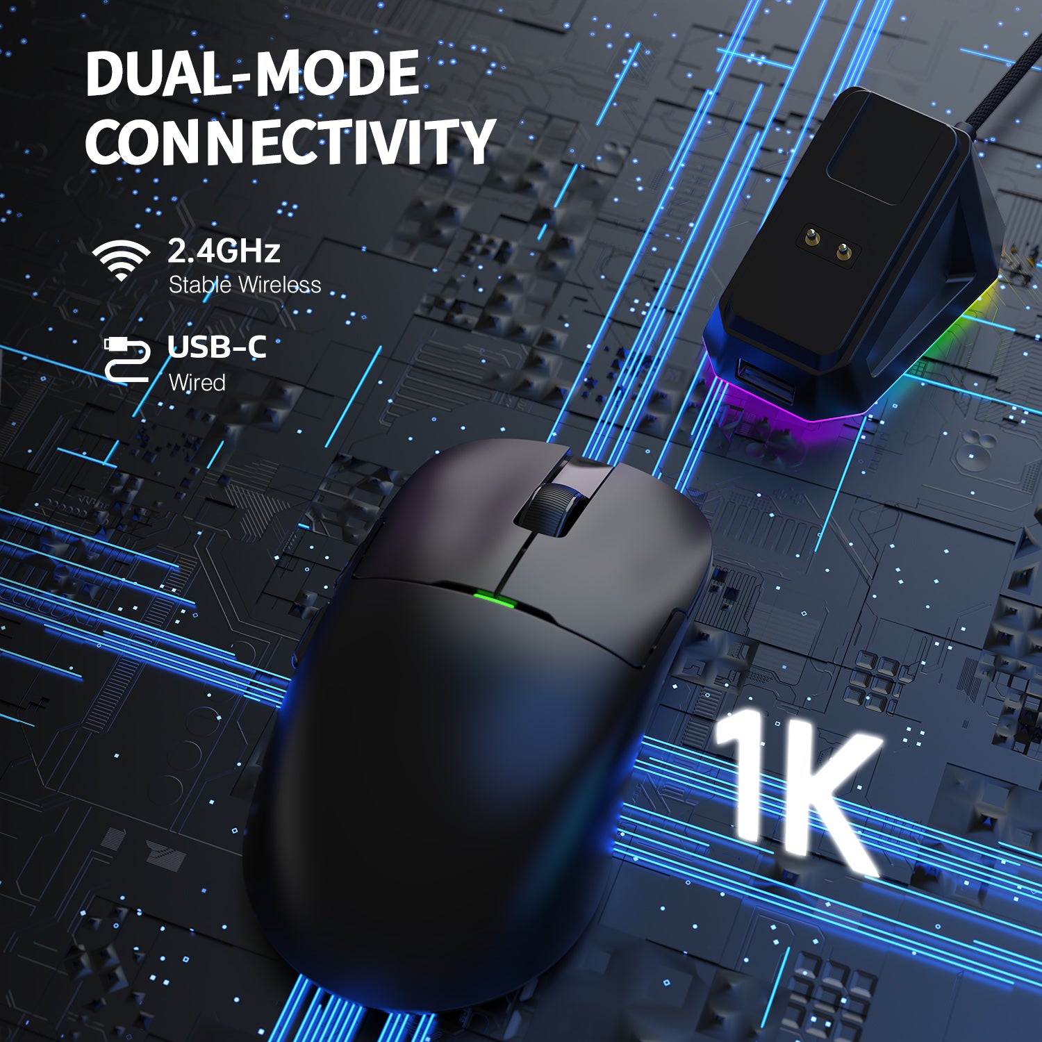 AJAZZ black gaming mouse with 2.4GHz wireless and USB-C wired connectivity