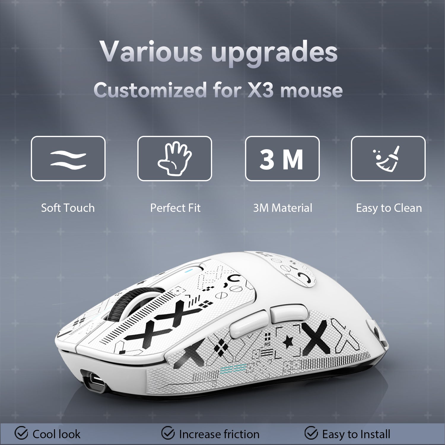 Gaming mouse with geometric grip tape, featuring soft touch and easy clean design.