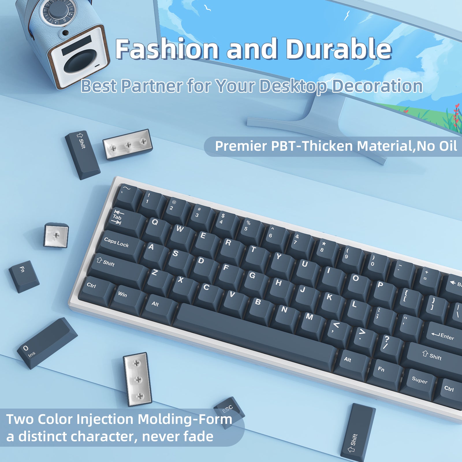 Stylish PBT keycap mechanical keyboard with customizable keycaps for desk decoration.