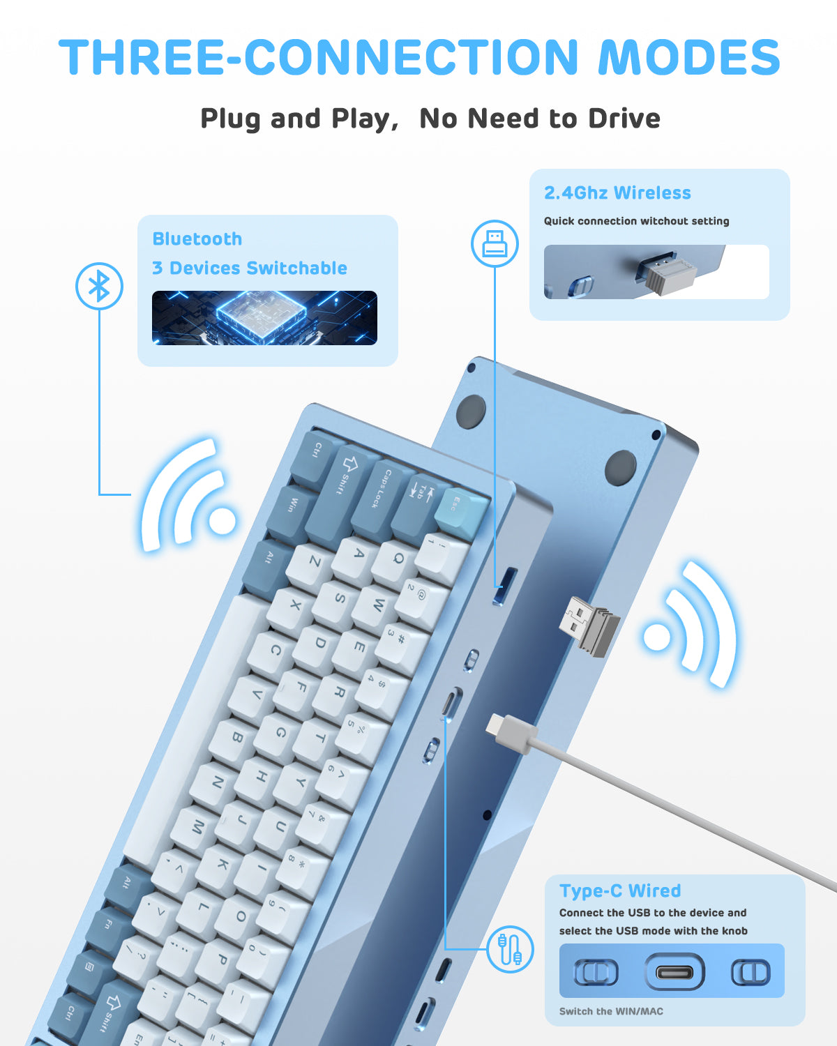 Attack Shark M71 keyboard with Bluetooth, 2.4GHz wireless, and Type-C connections