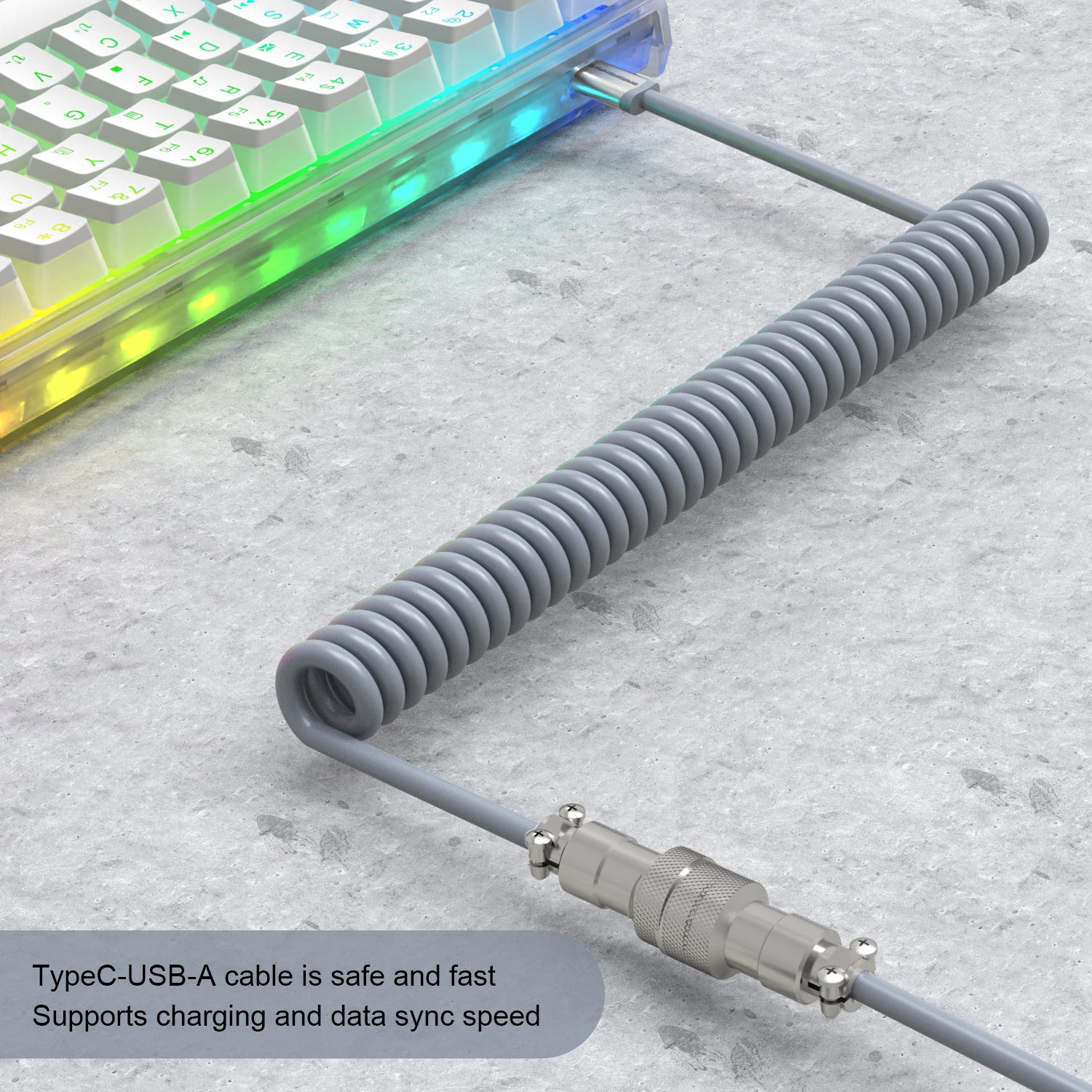 Coiled USB-C keyboard cable with aviation connector and USB-A end supports fast charging.