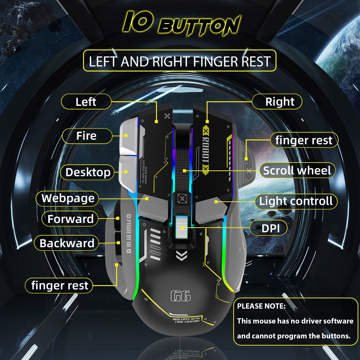 Attack Shark G6 gaming mouse with labeled buttons and ergonomic finger rests.