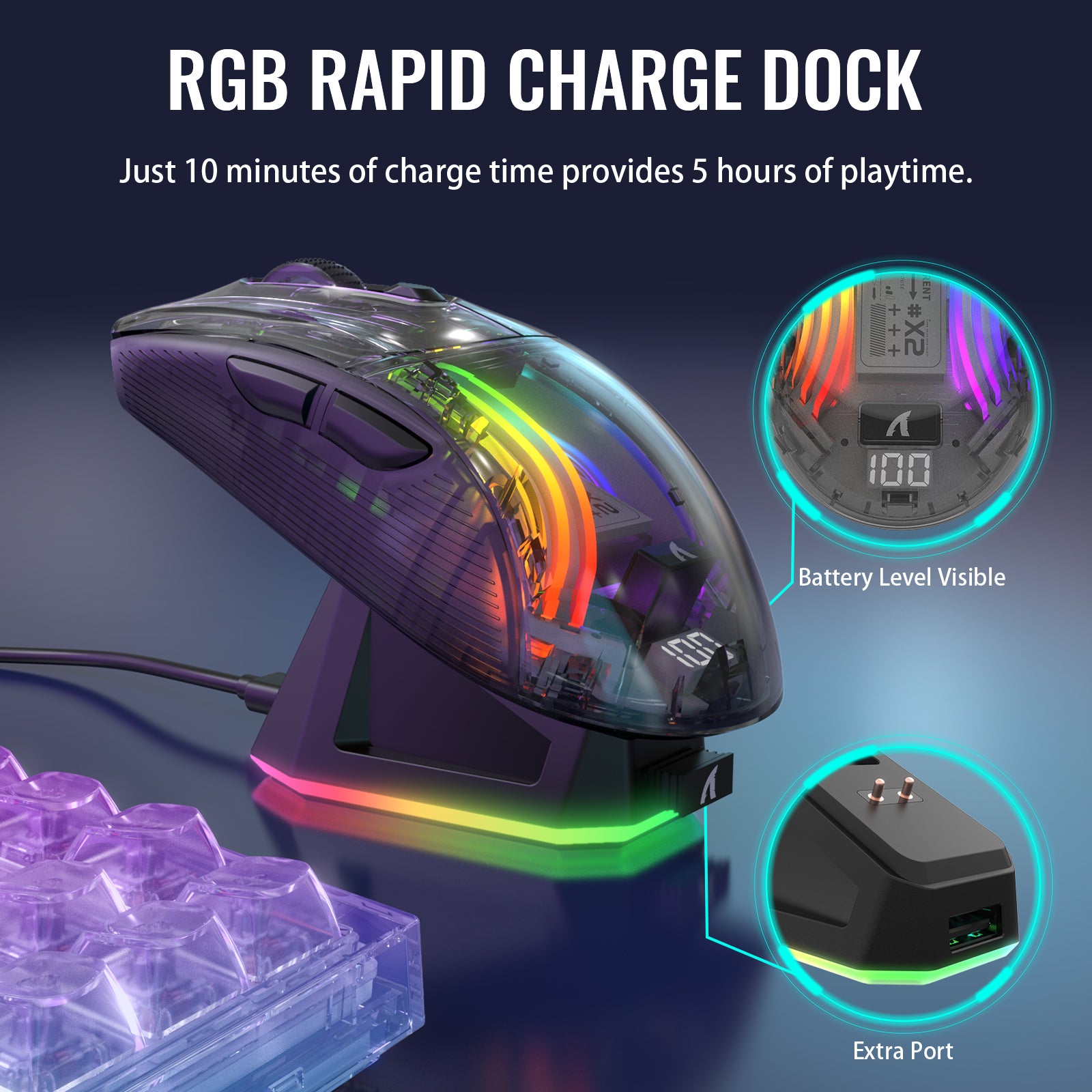 X2PRO wireless gaming mouse on RGB charging dock with battery level display.