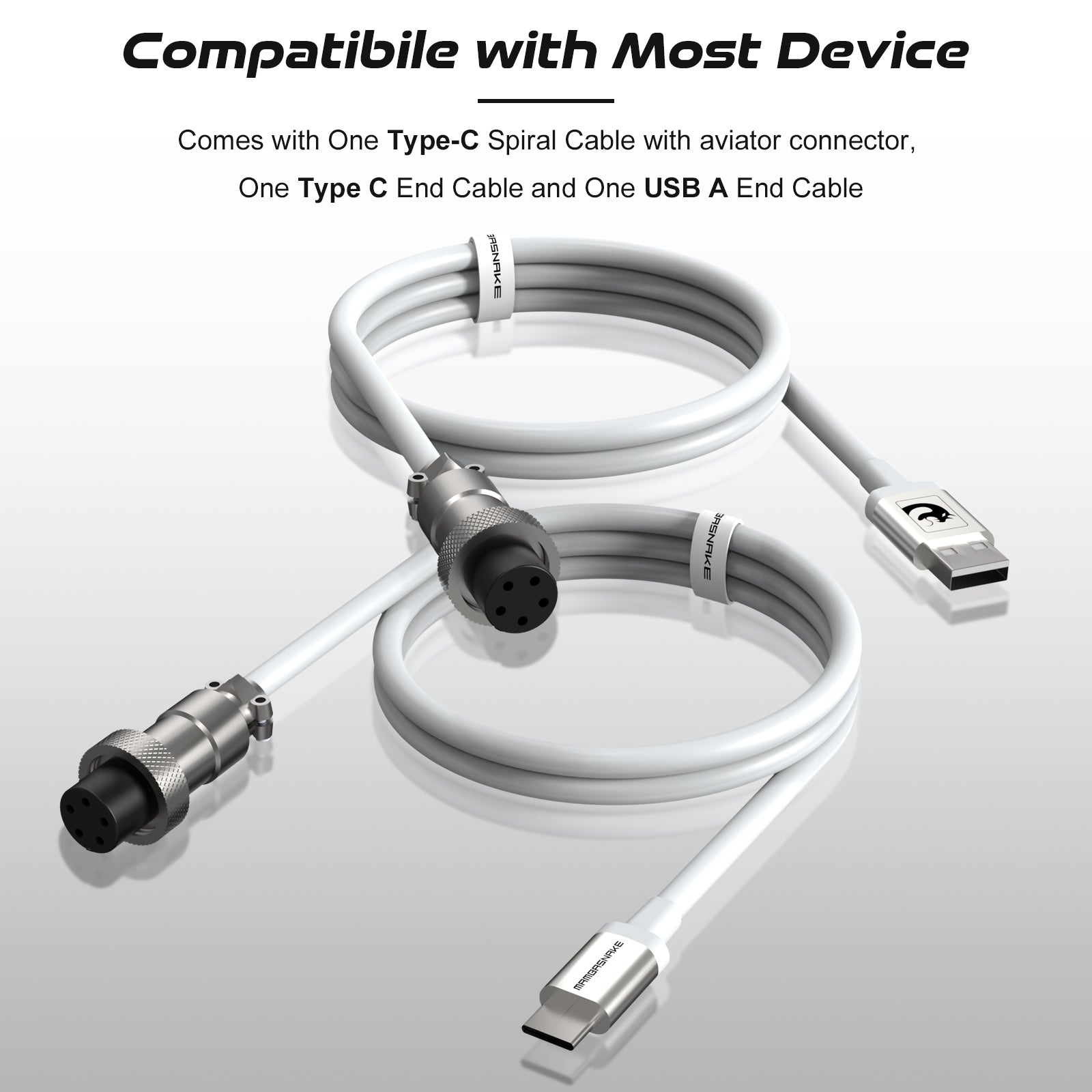 Coiled USB cable with Type-C and USB-A connectors for versatile device compatibility.