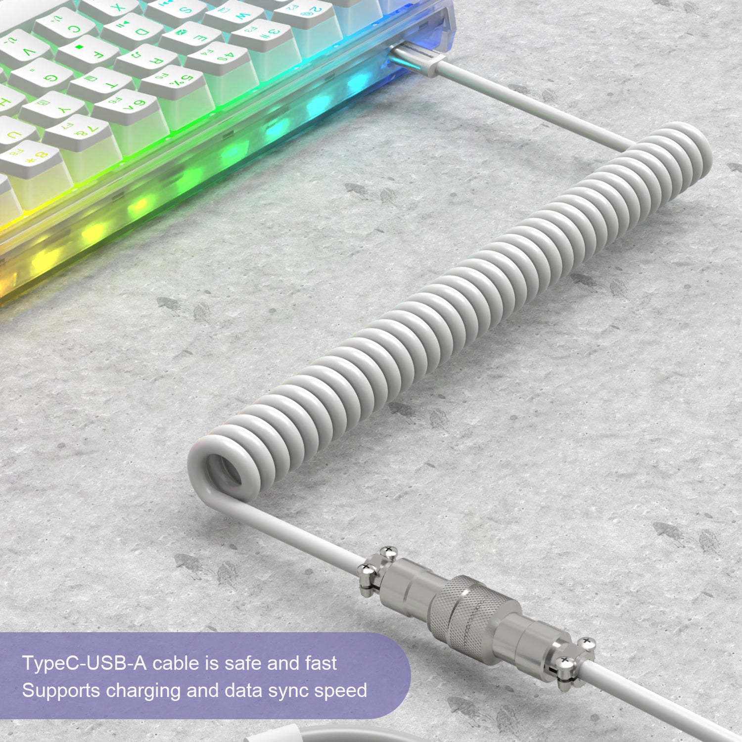 Durable coiled USB-C keyboard cable with aviation connector and USB-A end, supports fast charging.