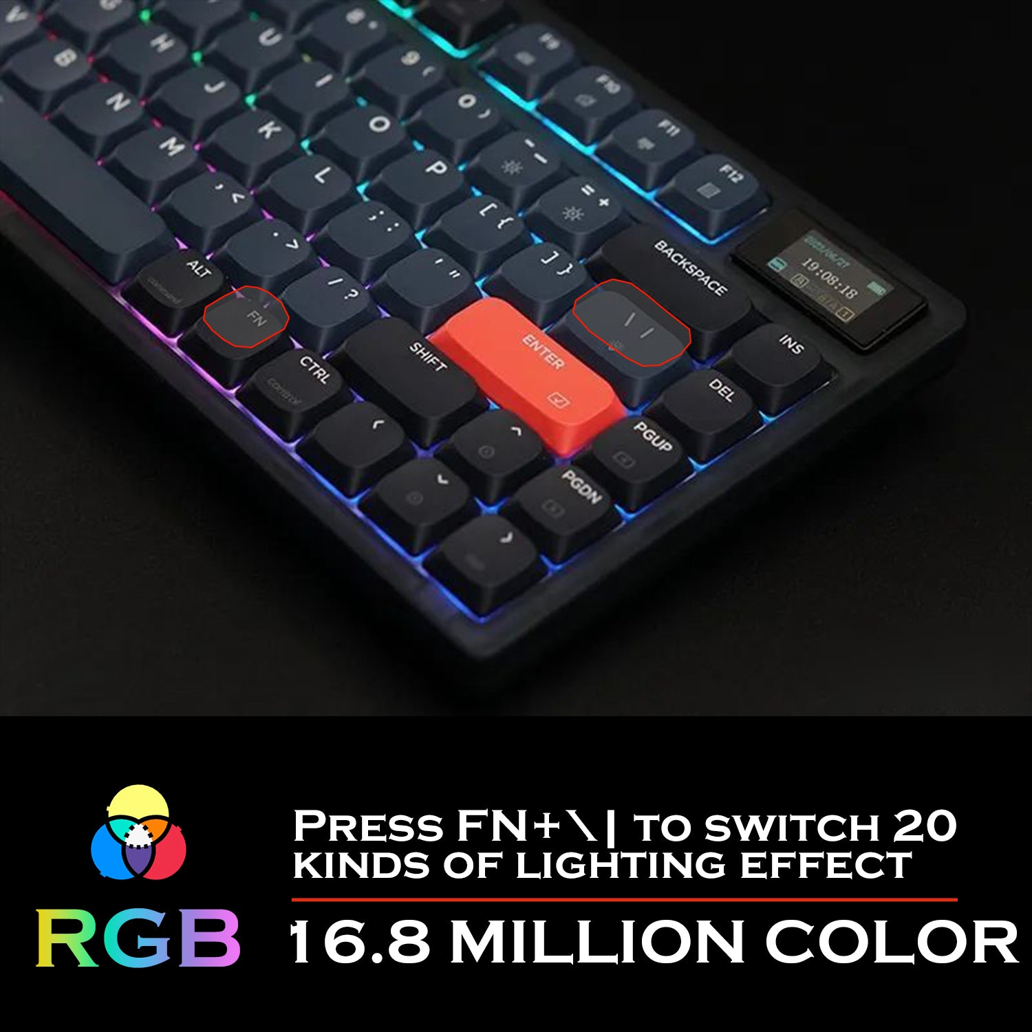 AK832PRO RGB mechanical keyboard keys showcasing 20 lighting effects.