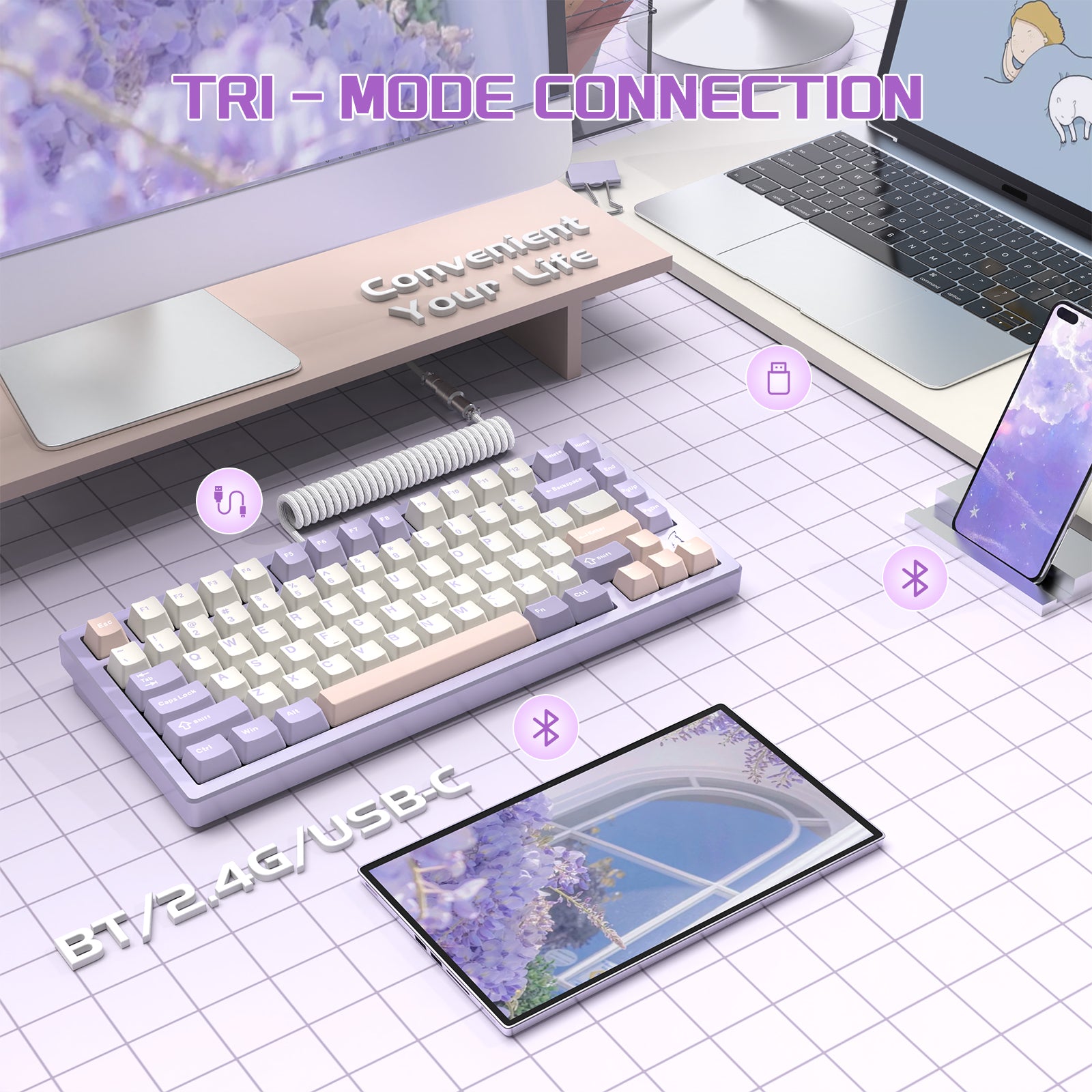 ATTACK SHARK X75 keyboard in pastel colors with tri-mode connection options.