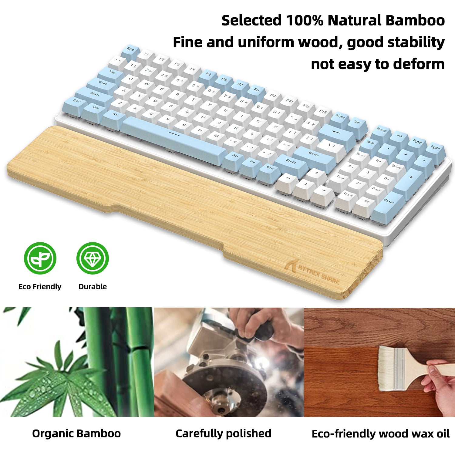 Bamboo wrist rest with blue and white mechanical keyboard showcasing eco-friendly icons.