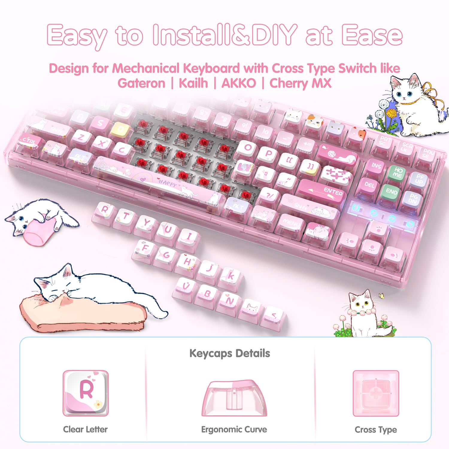 Pink mechanical keyboard with kawaii cat-themed keycaps and easy DIY features