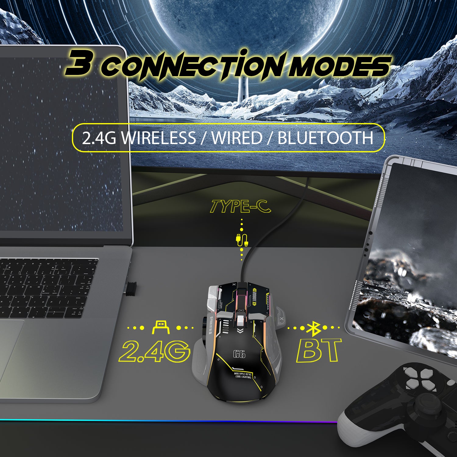 Attack Shark G6 gaming mouse displaying three connection modes: wired, Bluetooth, 2.4G.