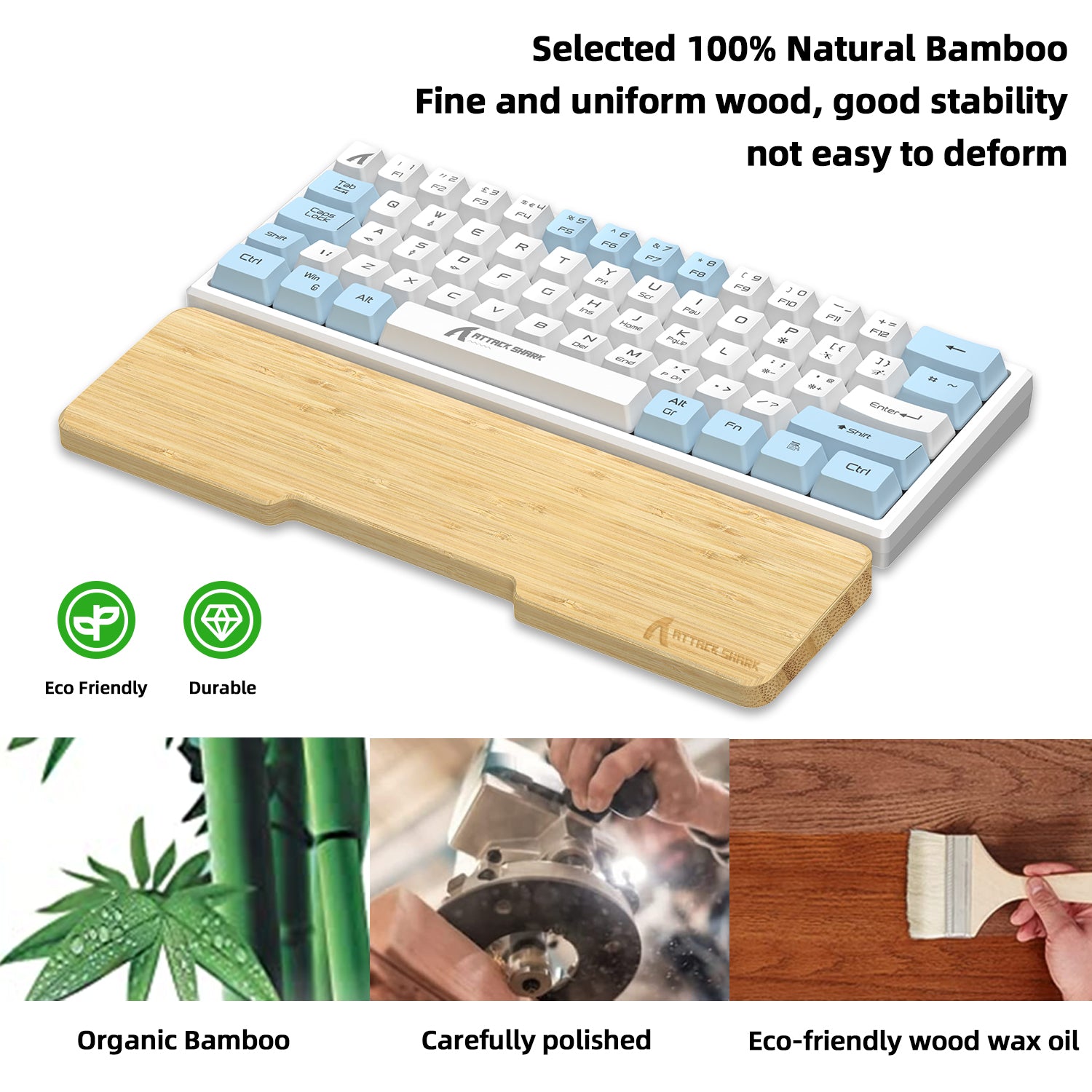 Eco-friendly bamboo wrist rest beside a compact mechanical keyboard with blue and white keys.