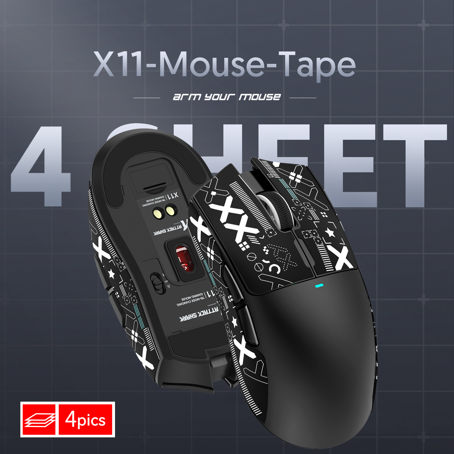 X11 anti-slip grip tape packaging with stylish graphics and four sheets included.