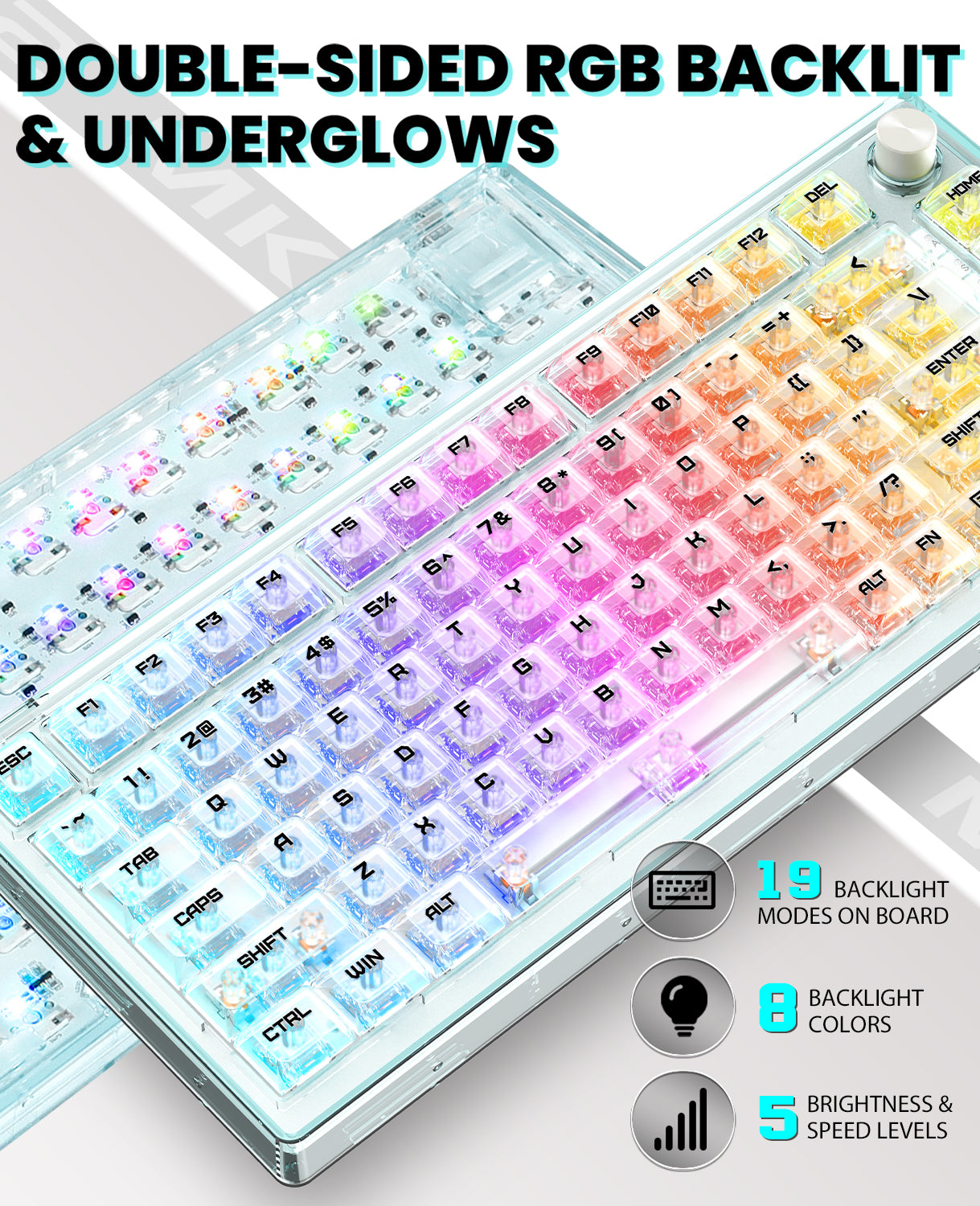 MK32 transparent RGB keyboard showcasing double-sided backlighting and vibrant colors.