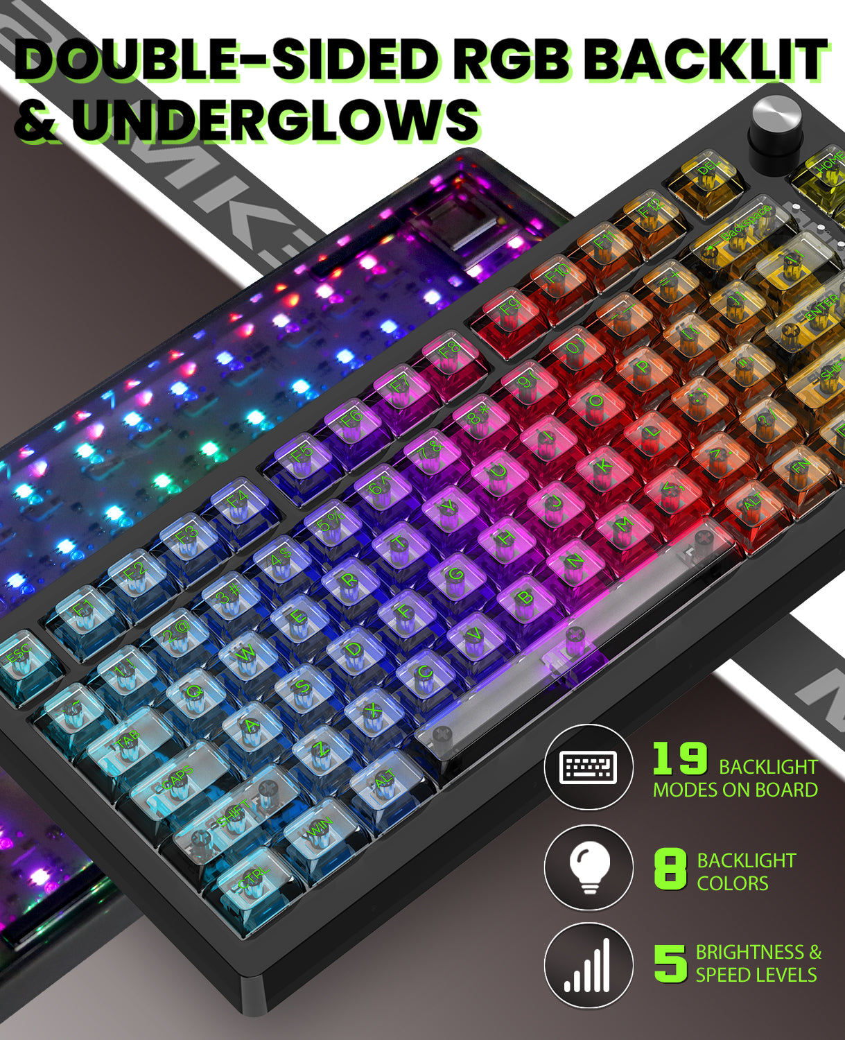 MK32 mechanical keyboard with double-sided RGB backlighting and vibrant underglows.