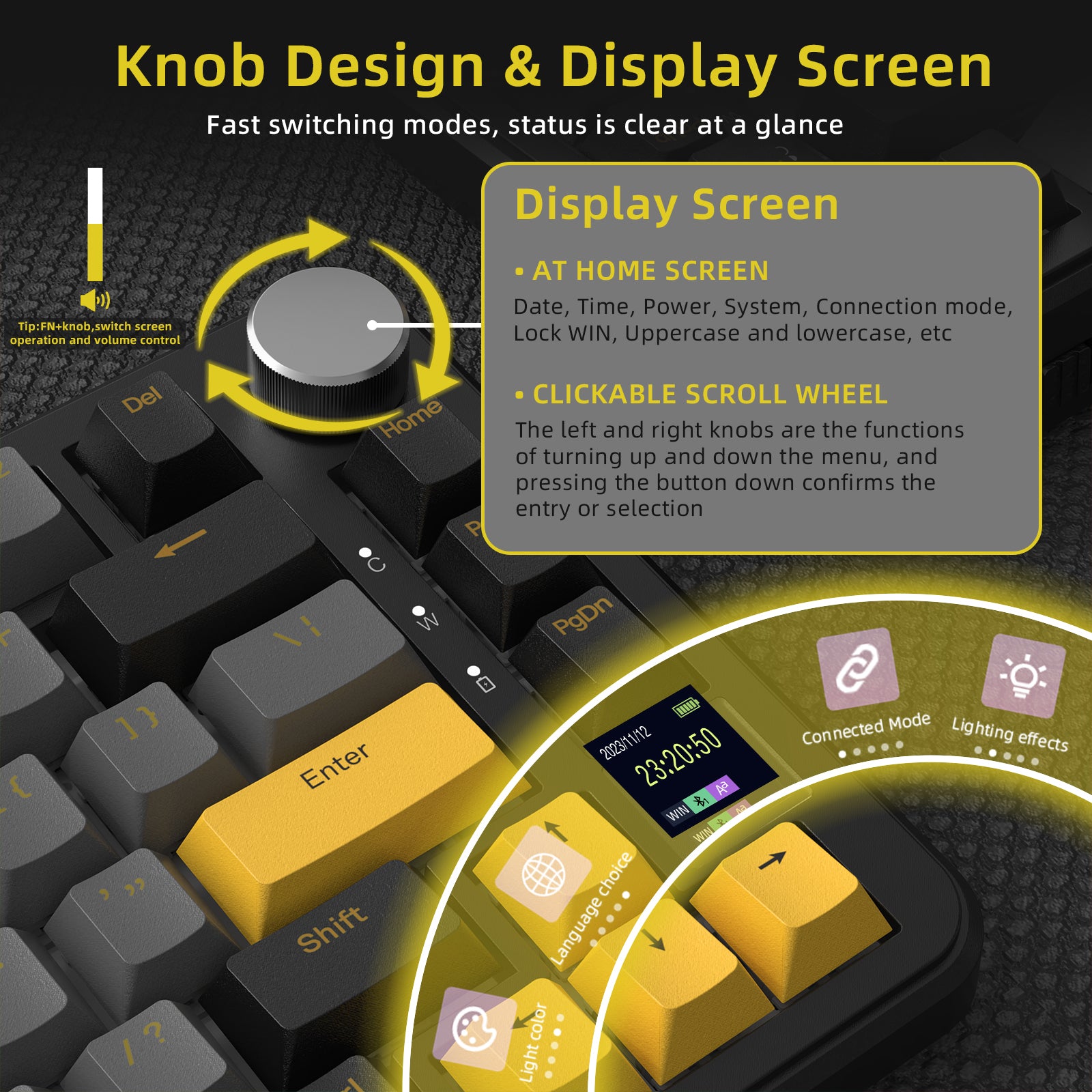 Knob design and TFT display of ATTACK SHARK X85PRO keyboard, showcasing features.