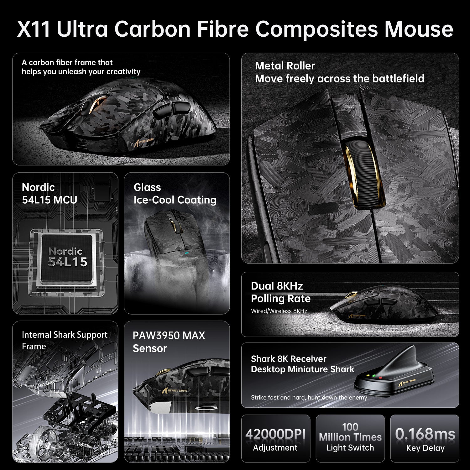 Mouse Gamer Sem Fio ATTACK SHARK X11 ULTRA Fibra de Carbono 8K PAW3950MAX
