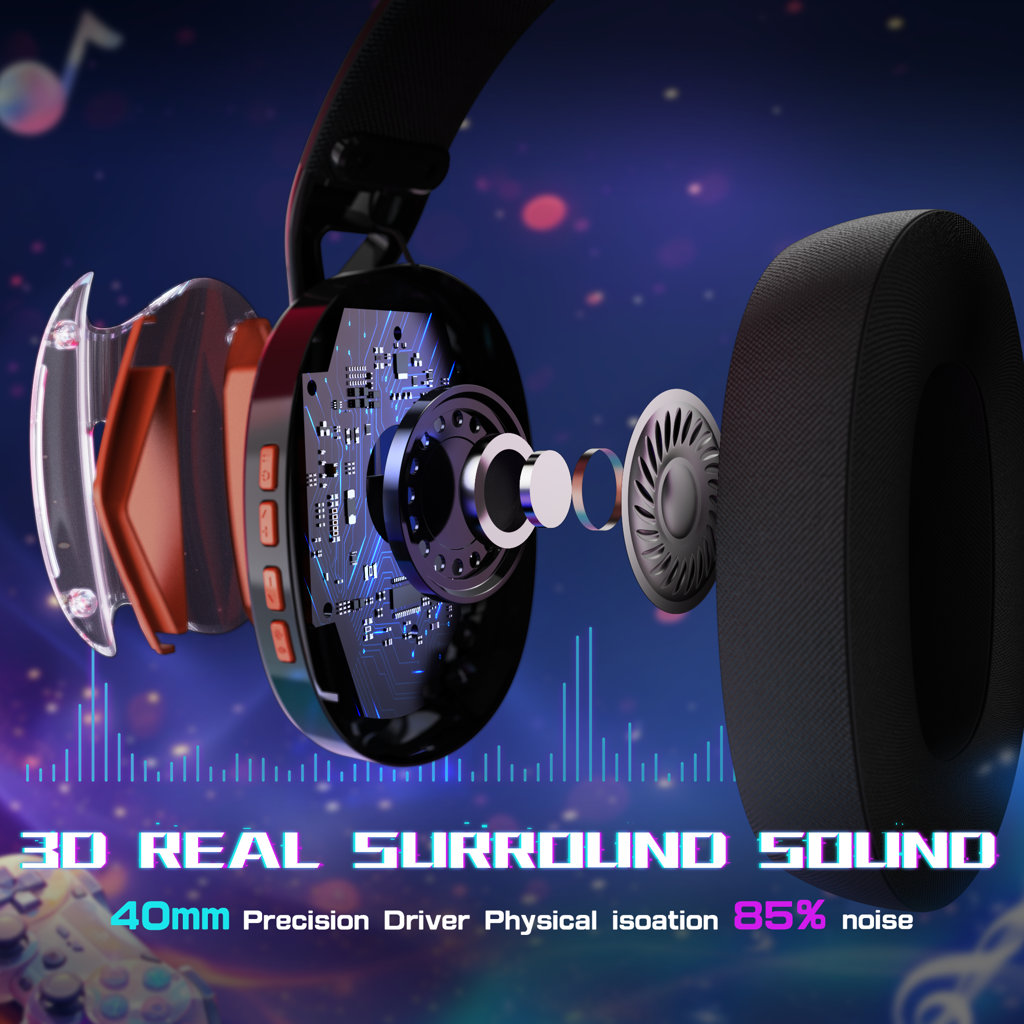 Attack Shark L60 headset showing 40mm driver and 85% noise isolation for immersive sound.