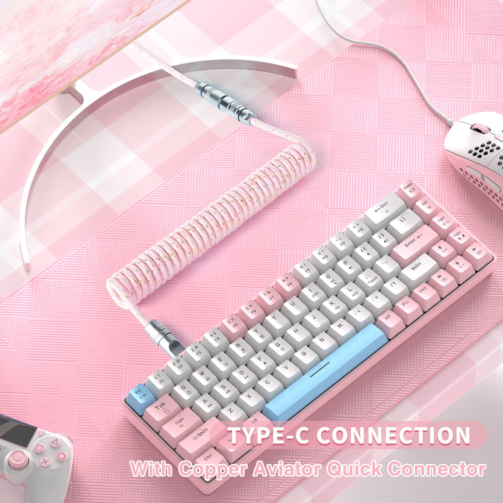 Pink coiled USB cable with detachable copper connector connected to a keyboard.