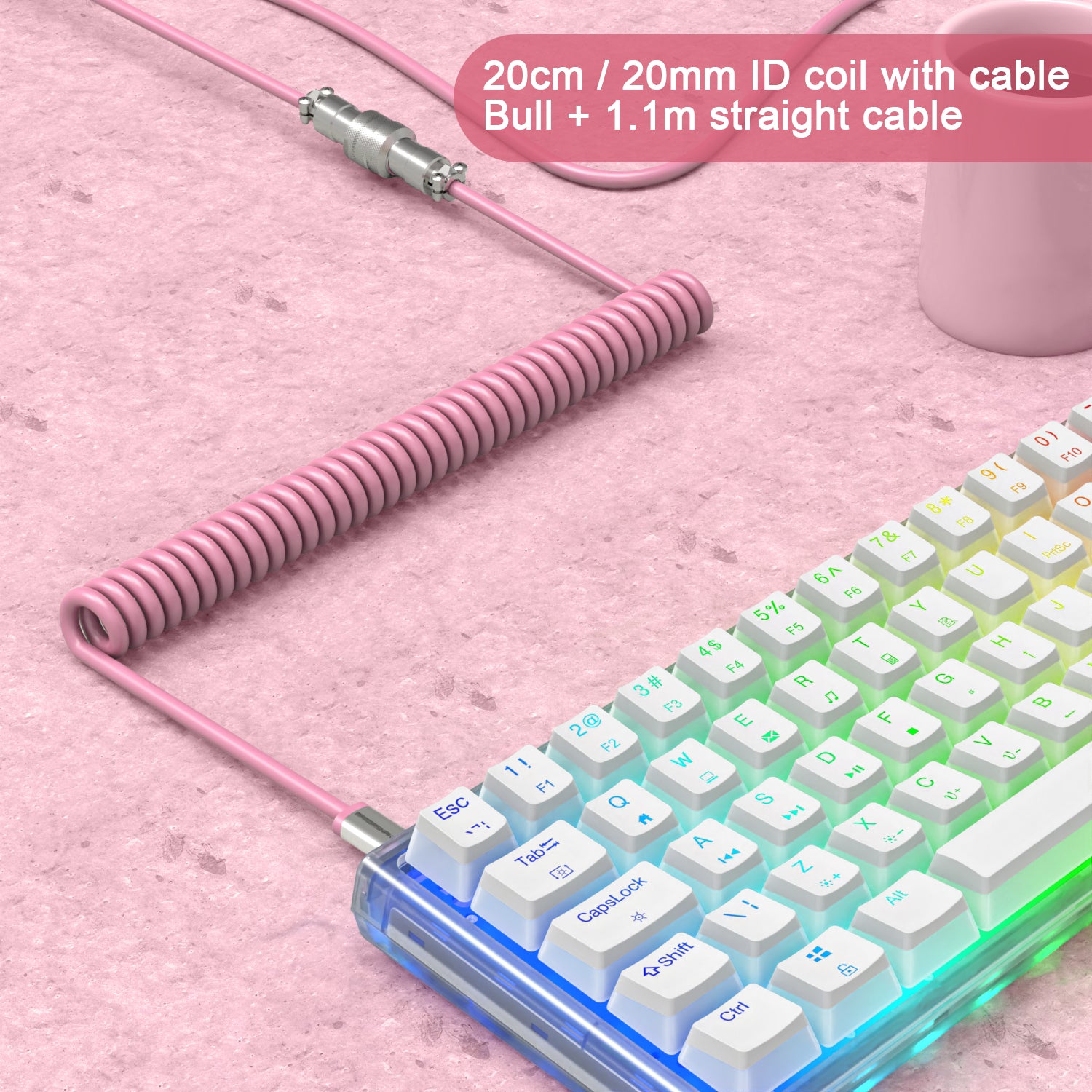 Pink coiled USB-C keyboard cable with metal aviator connector and straight cable.