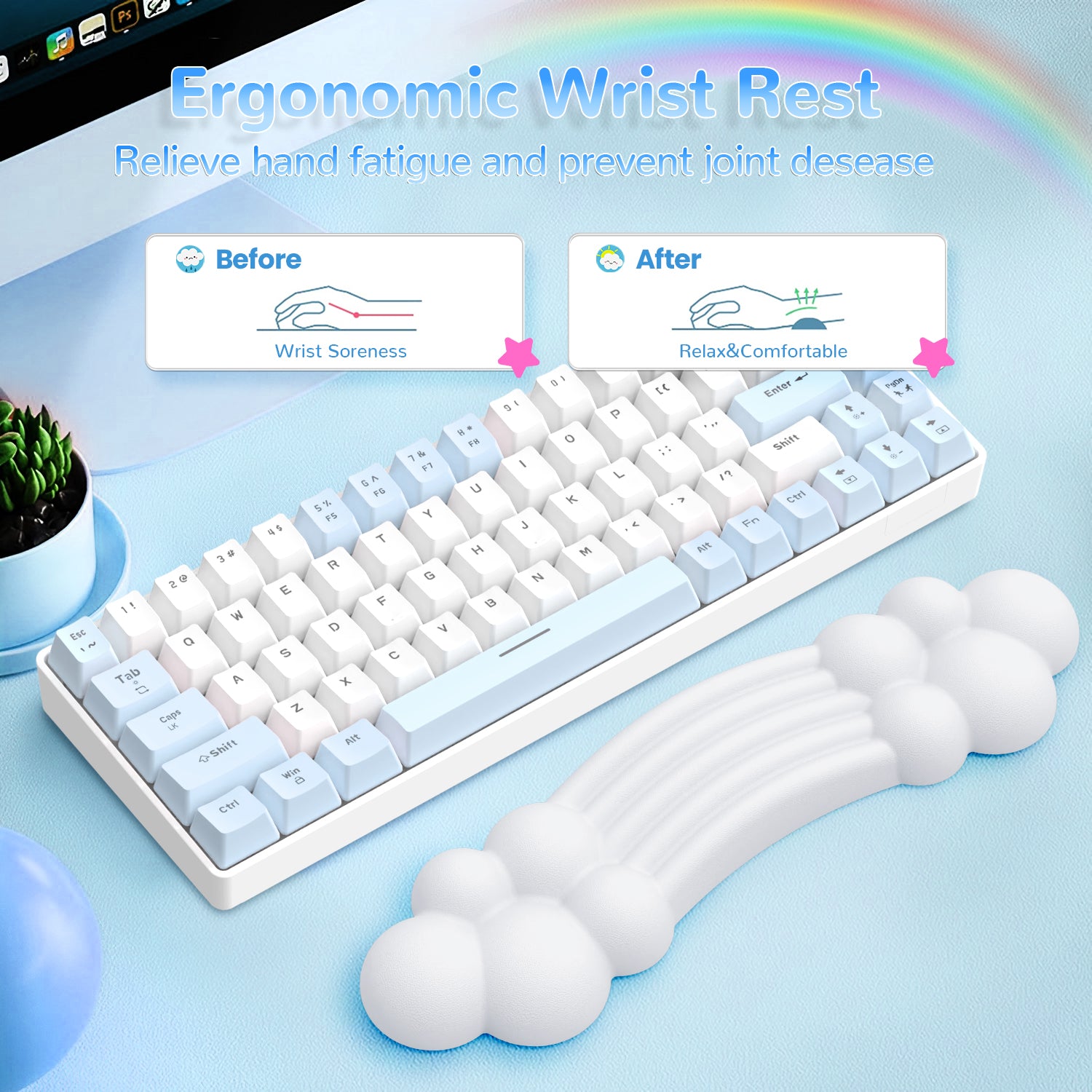 Ergonomic rainbow cloud wrist rest with pastel keyboard, promoting hand comfort and support.