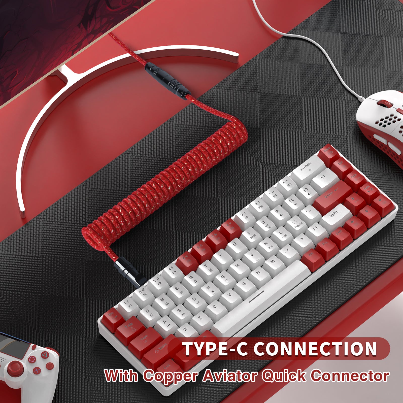 Red coiled USB cable with Type-C quick connector for stylish gaming setups.