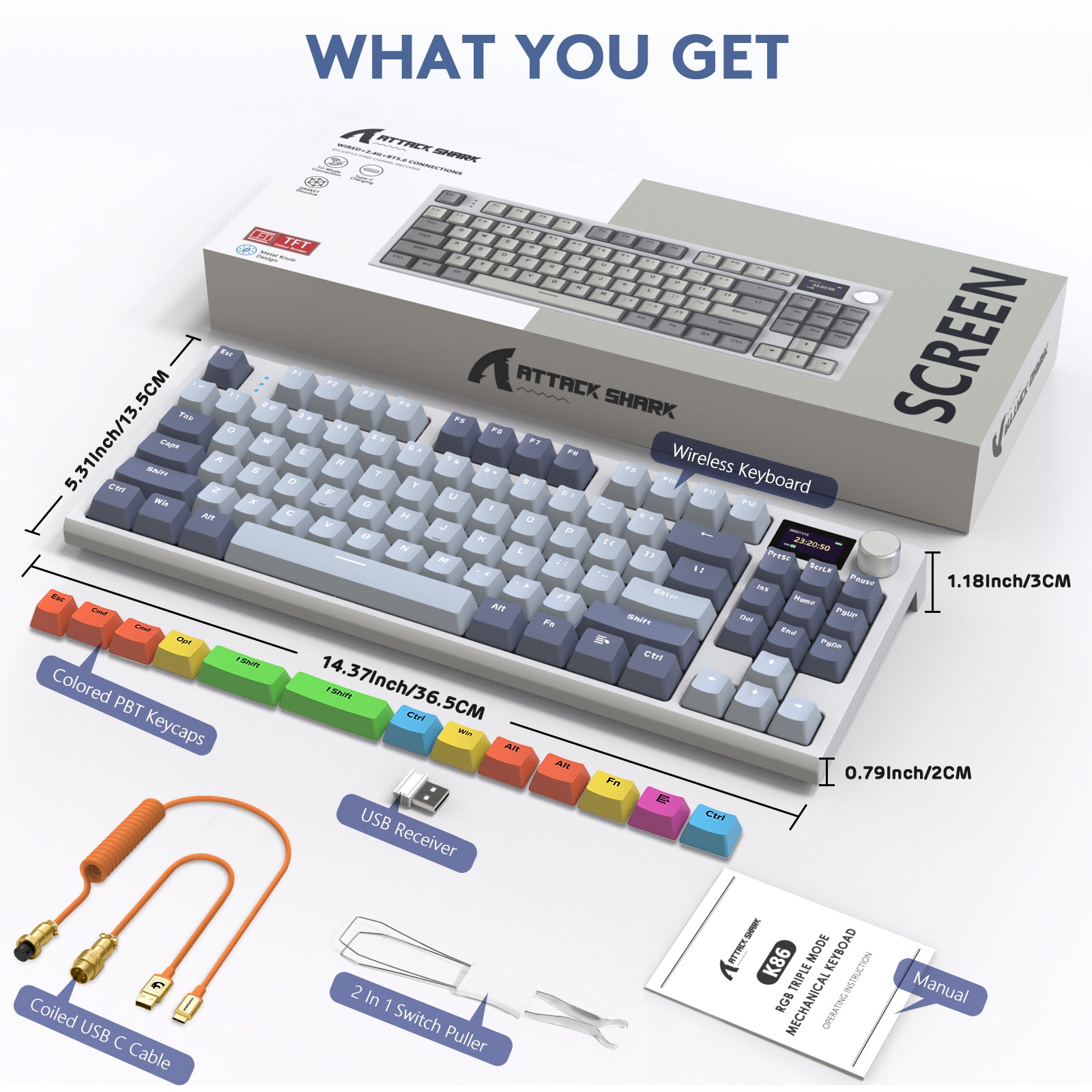 Attack Shark K86PRO keyboard packaging with accessories including USB cable, receiver, and colored keycaps.