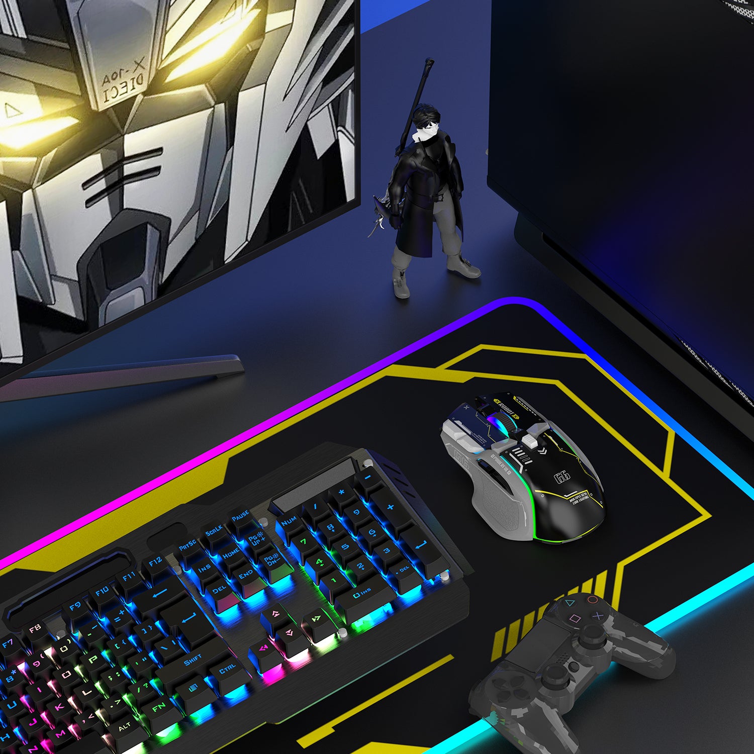 Yellow Attack Shark G6 gaming mouse with RGB lighting next to mech-themed keyboard and figure.