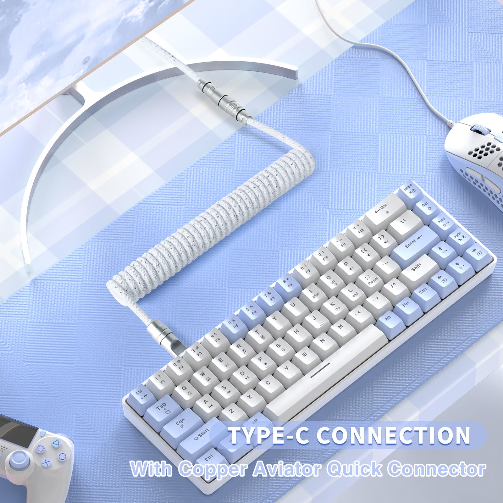 Dual-tone white and blue coiled USB cable connected to keyboard with Type-C connector.