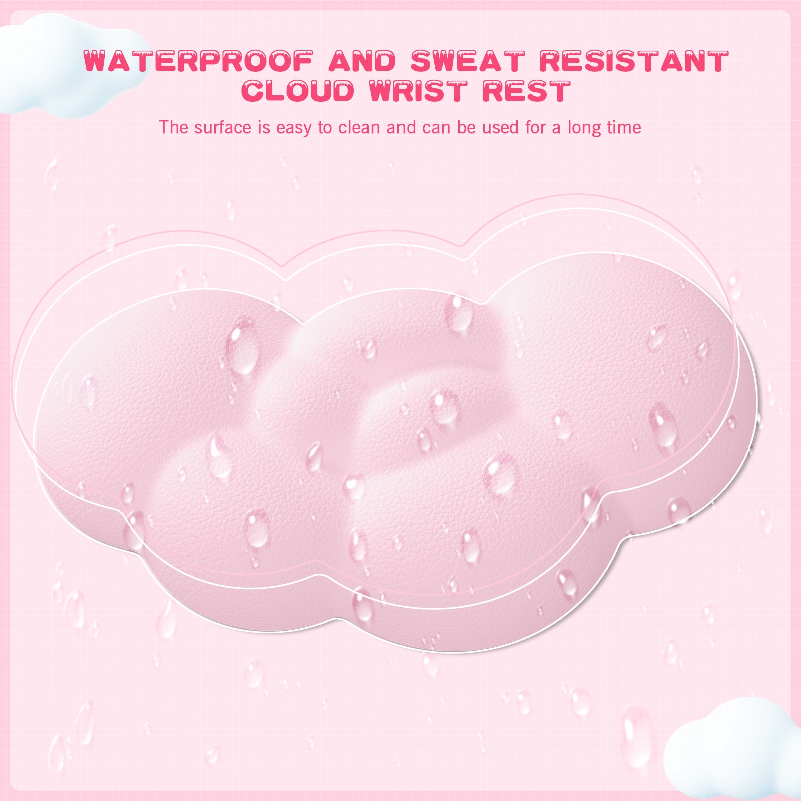 Waterproof pink cloud wrist rest with droplets for easy cleaning and long-lasting use.