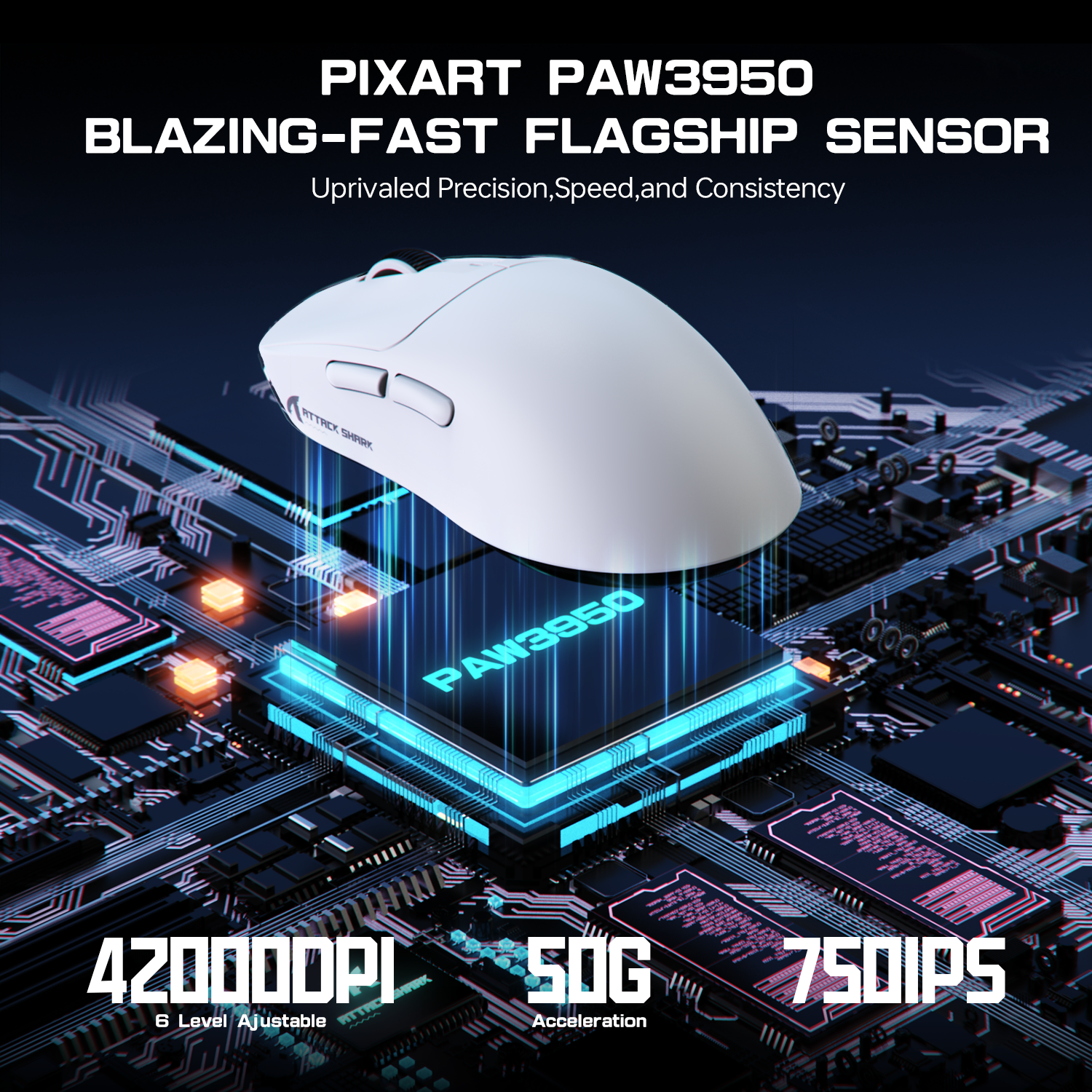 Attack Shark X3MAX gaming mouse with PAW3950 sensor: 42000 DPI and 750 IPS.