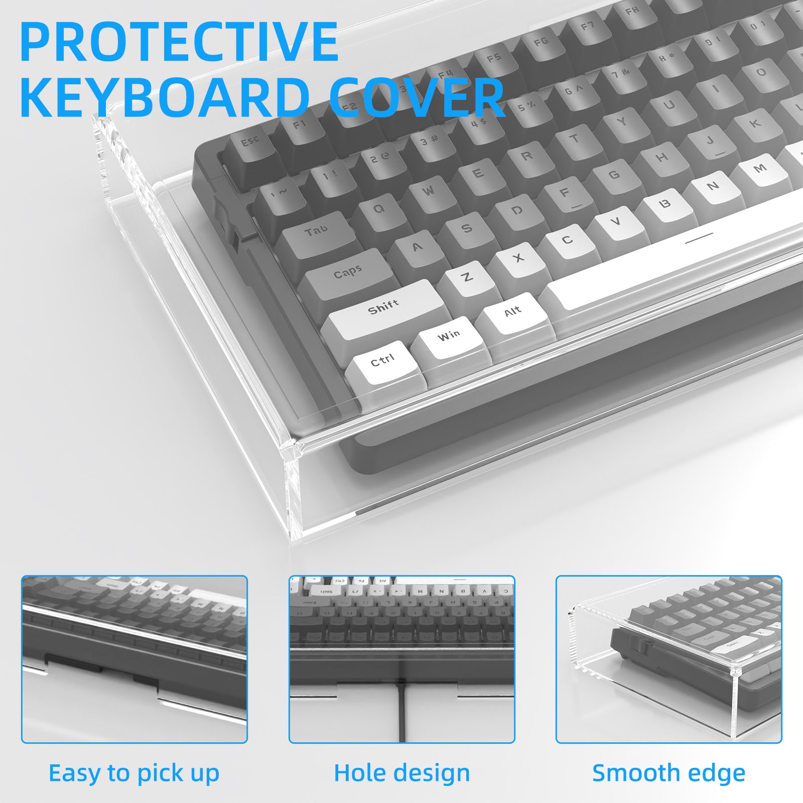 Protective acrylic cover for 98 keys keyboard with smooth edges and easy pick-up design.