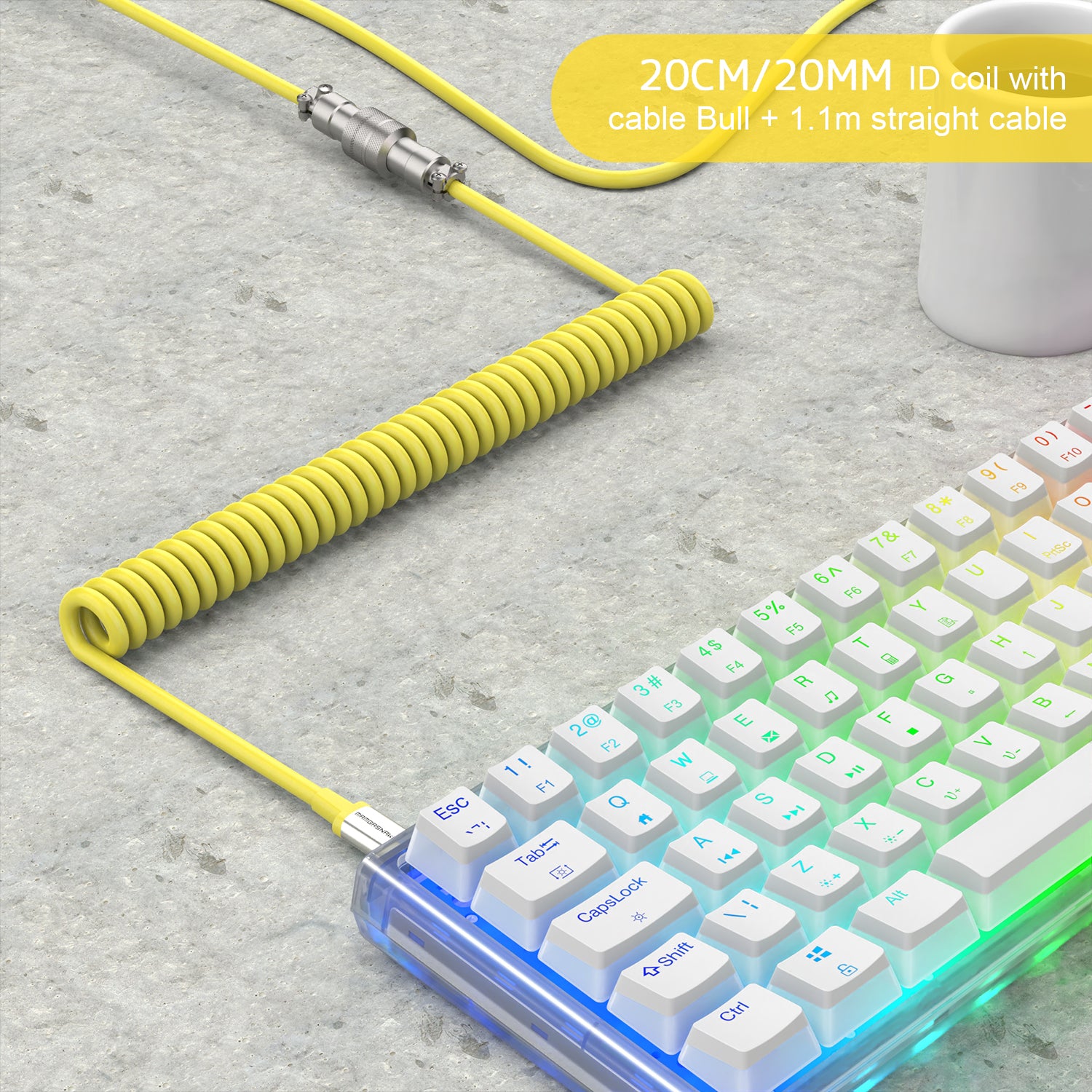 Yellow coiled USB-C keyboard cable with aviator connector and RGB mechanical keyboard.