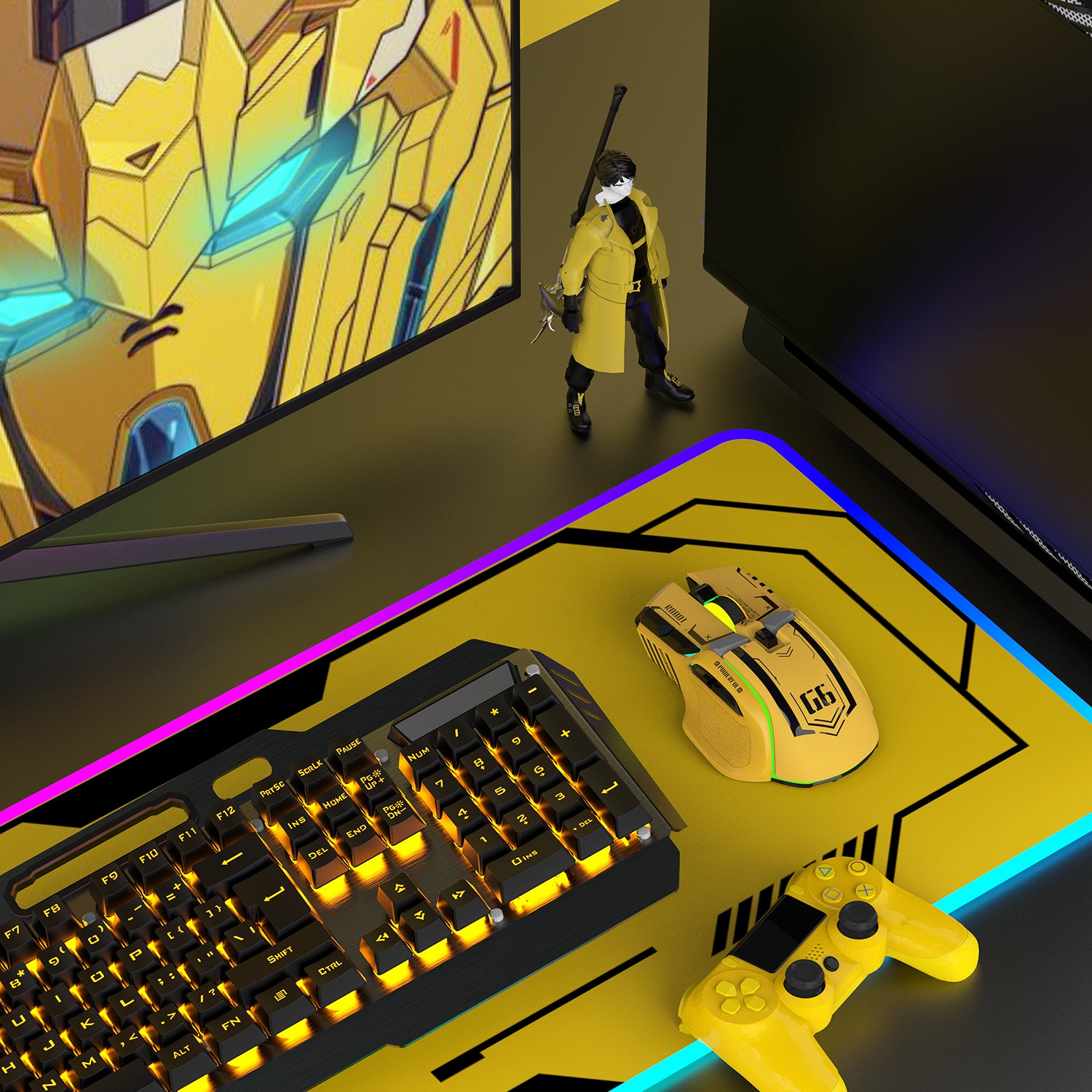 G6 Tri-mode Gaming Mouse in yellow beside a mech-themed keyboard and figure.