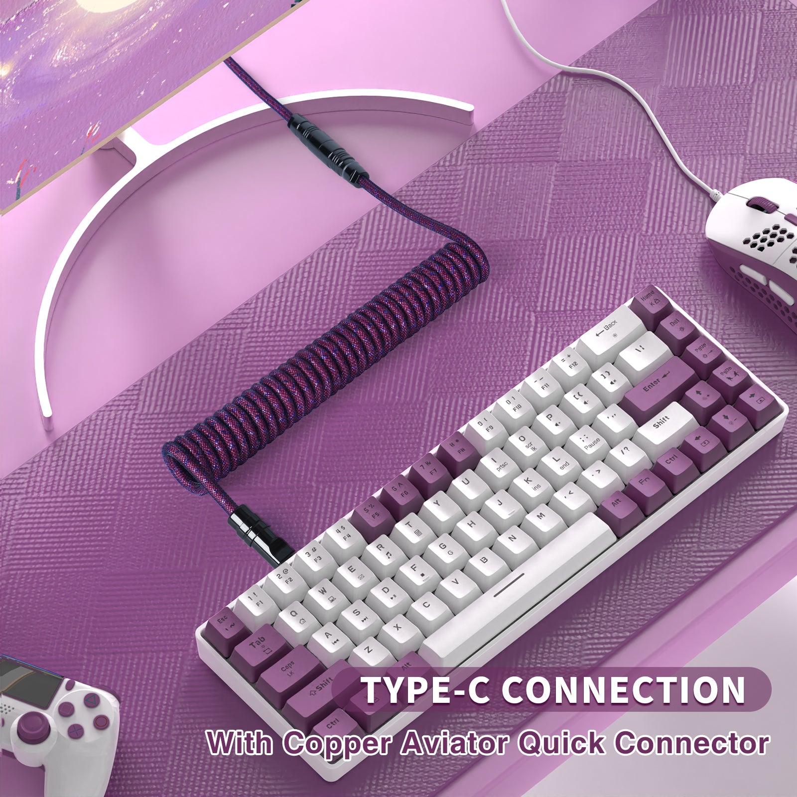 Coiled white and purple USB cable with copper connector connected to a gaming keyboard.