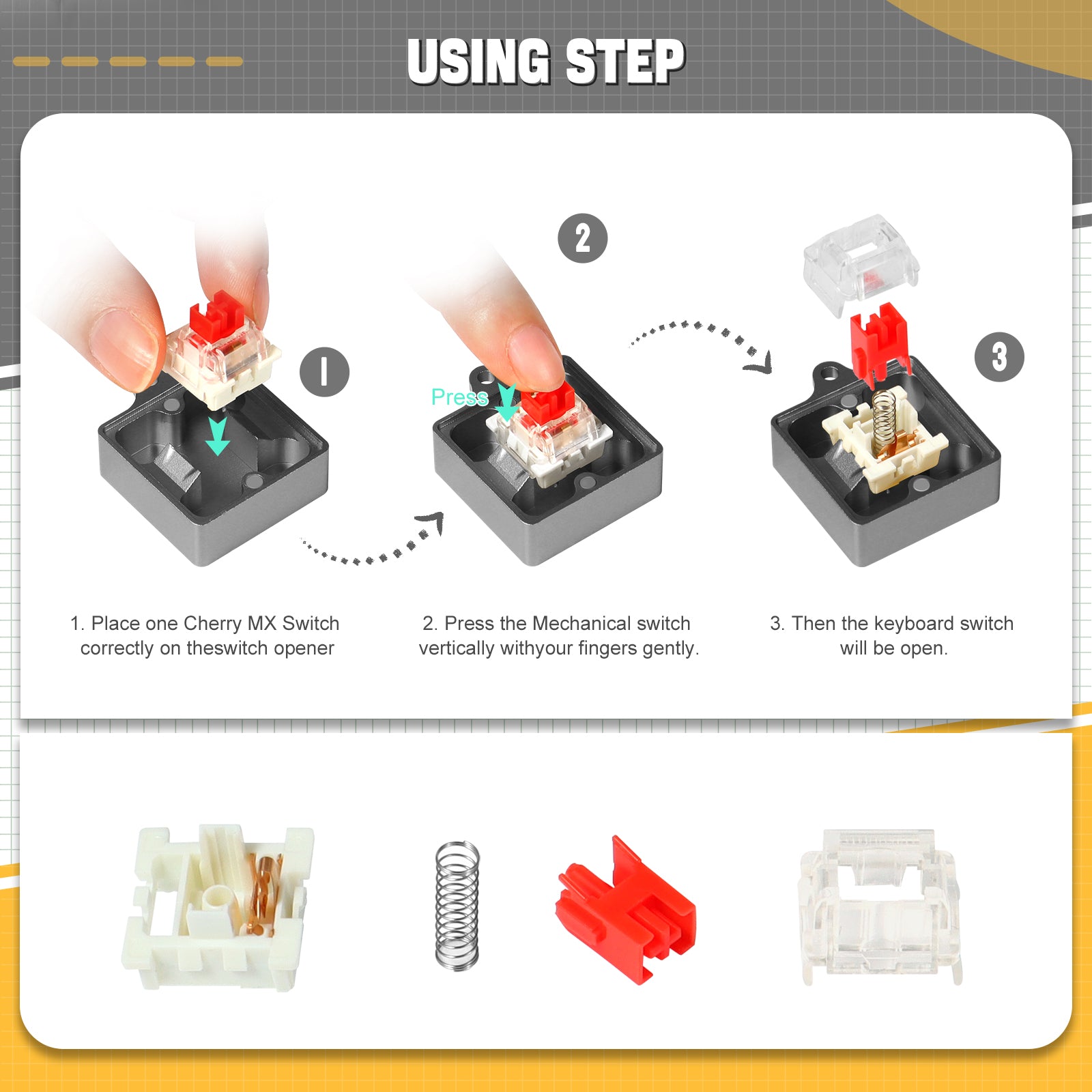 Instructions for using the switch opener kit on a Cherry MX switch.