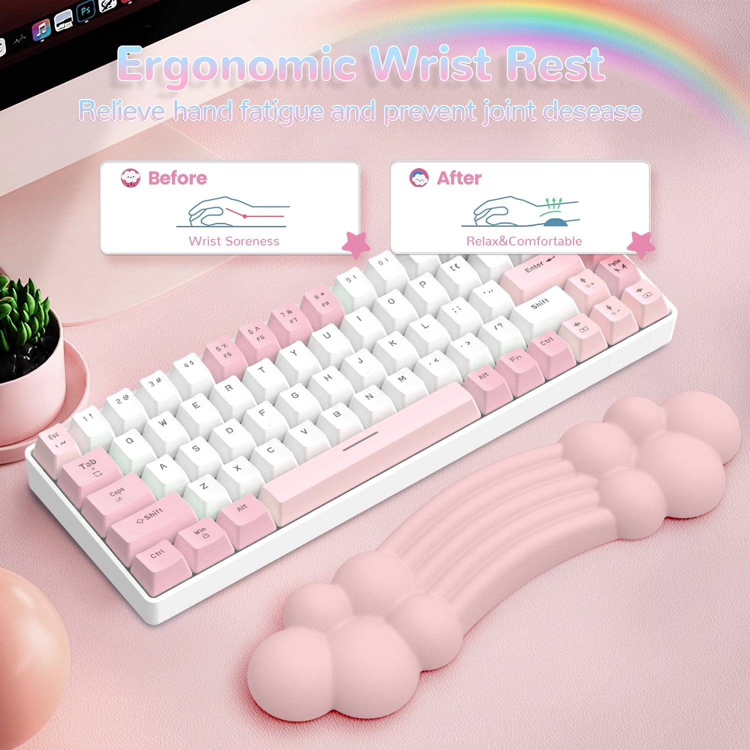 Ergonomic rainbow cloud wrist rest with pastel keyboard, showing wrist comfort benefits.