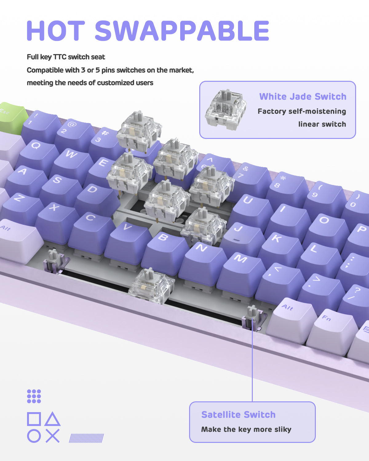 Close-up of Attack Shark M71 hot-swappable TTC switches in white jade with purple keycaps.