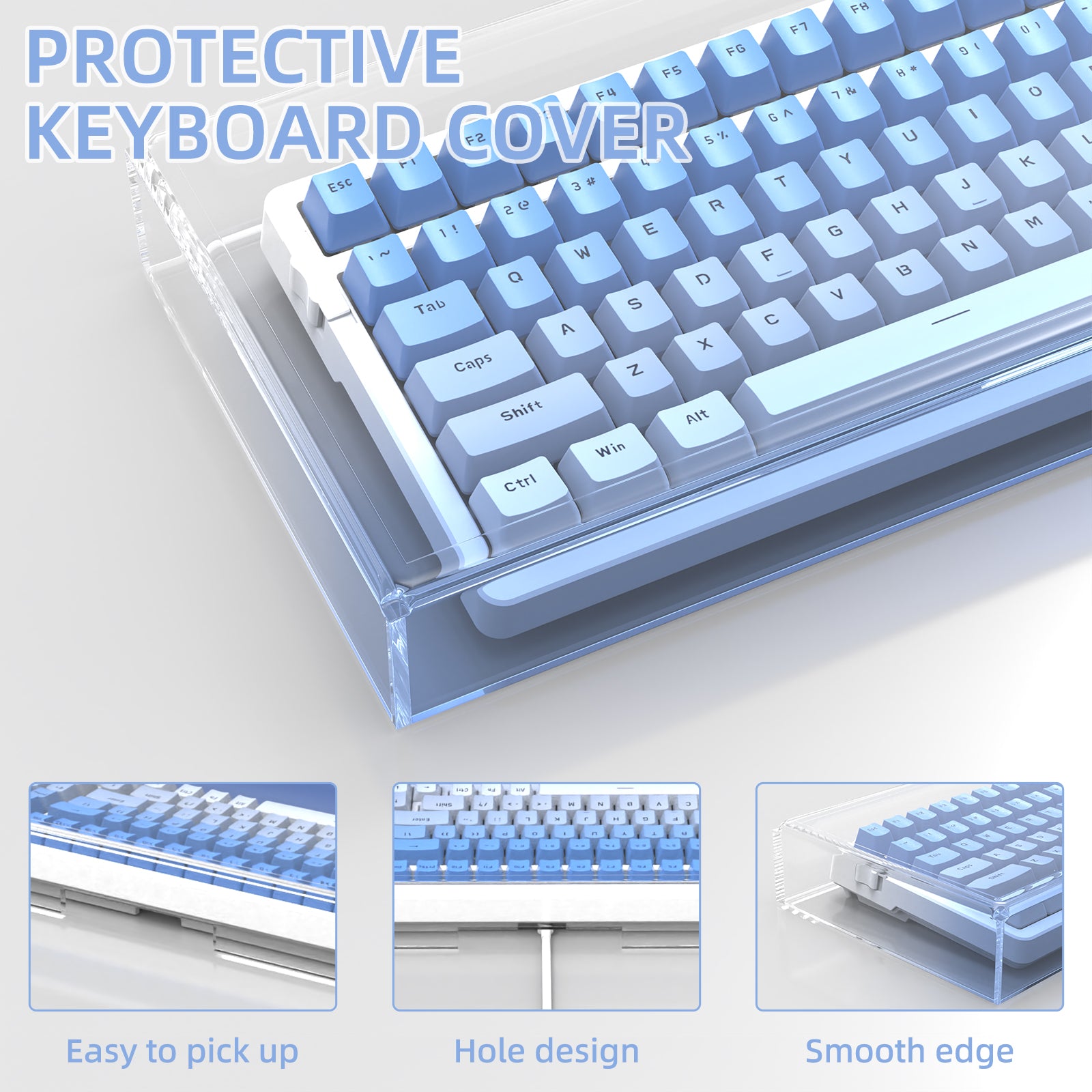 Protective acrylic keyboard cover for 98 keys with easy pick-up design.