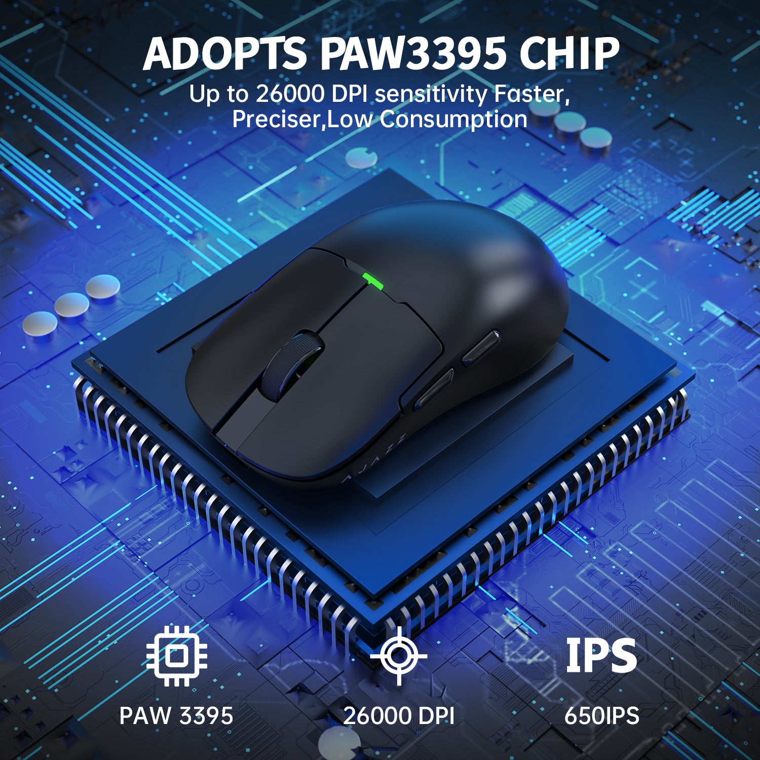 Gaming mouse with PAW3395 chip, 26000 DPI sensitivity on circuit board background.