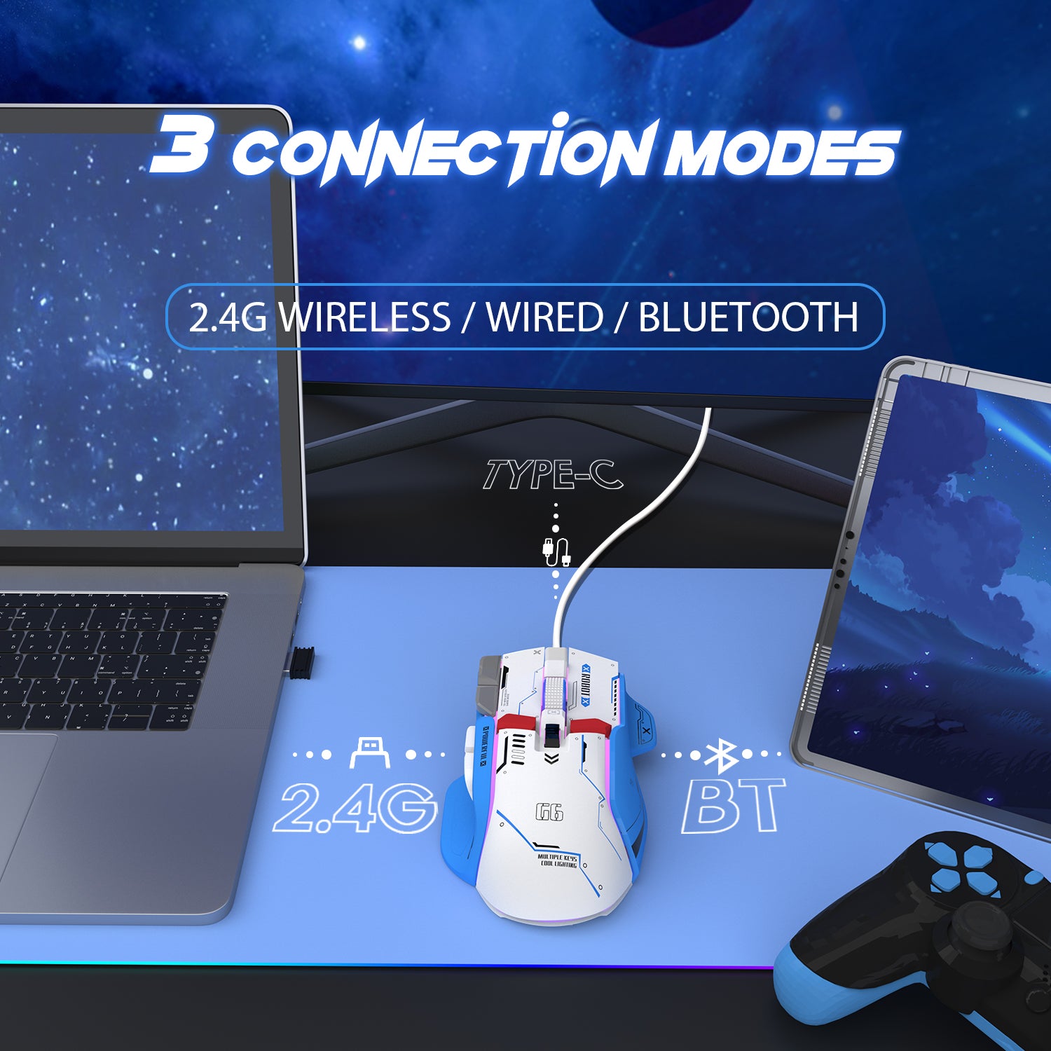 G6 gaming mouse highlighting connection modes: wired, 2.4G, Bluetooth on gaming mat.