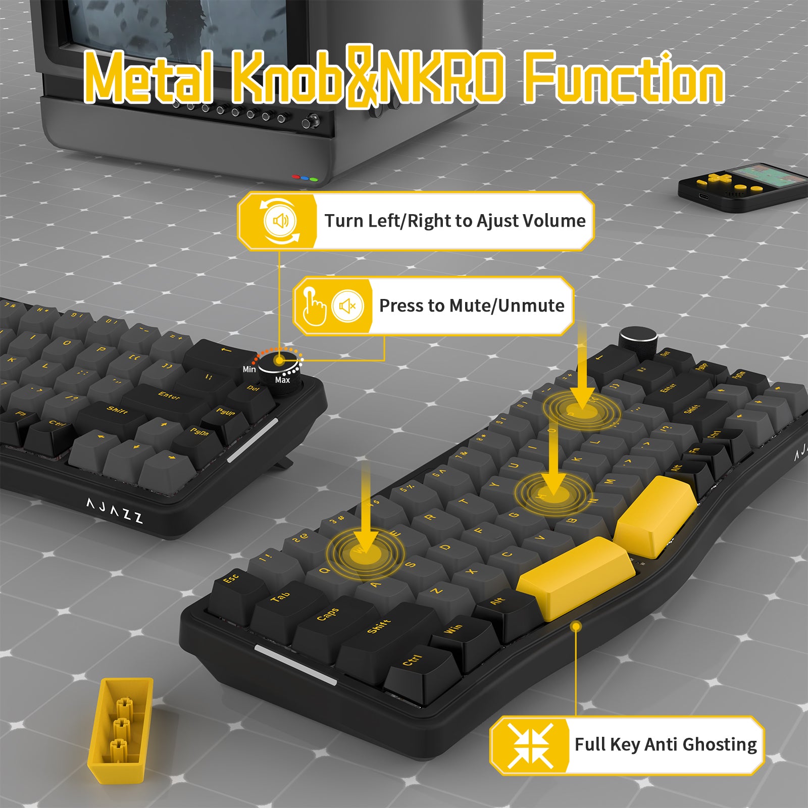 AKS068 Alice Keyboard with metal volume knob, NKRO function, and yellow accents.