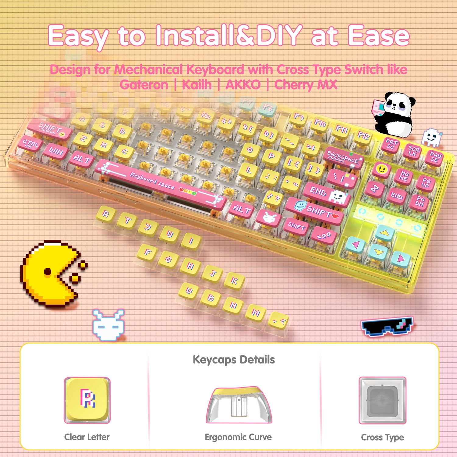 Clear keyboard with pastel DIY keycaps, suitable for Gateron and Cherry MX switches.