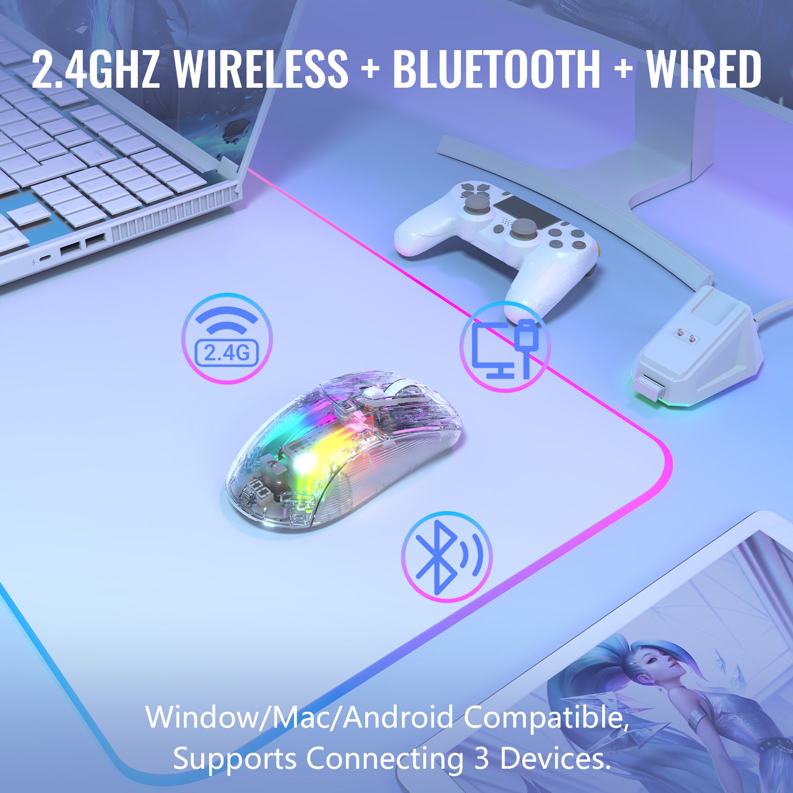 X2PRO gaming mouse supports 2.4GHz wireless, Bluetooth, and wired connections.