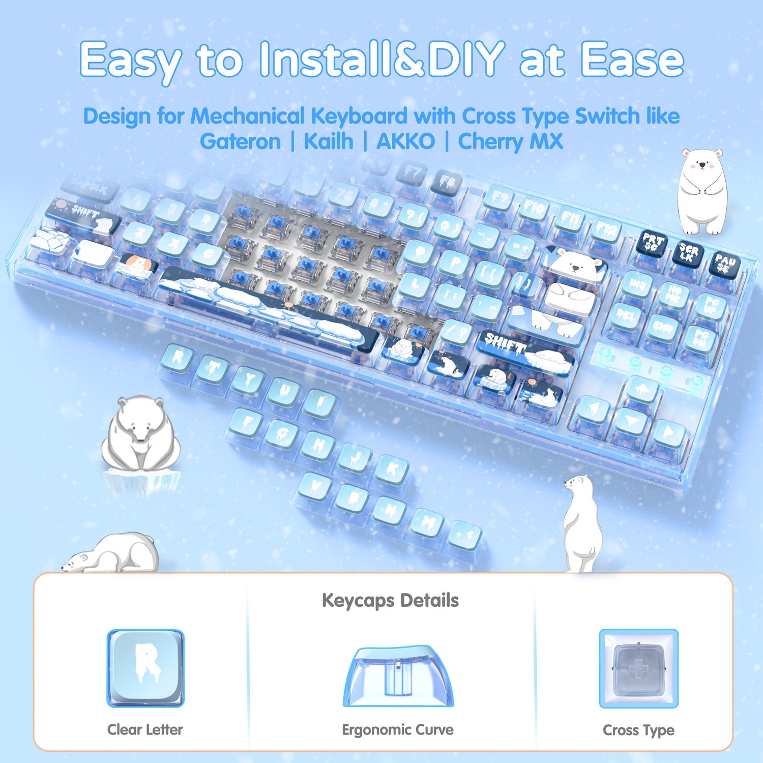 Clear mechanical keyboard with polar bear keycaps; easy DIY installation for various switches.