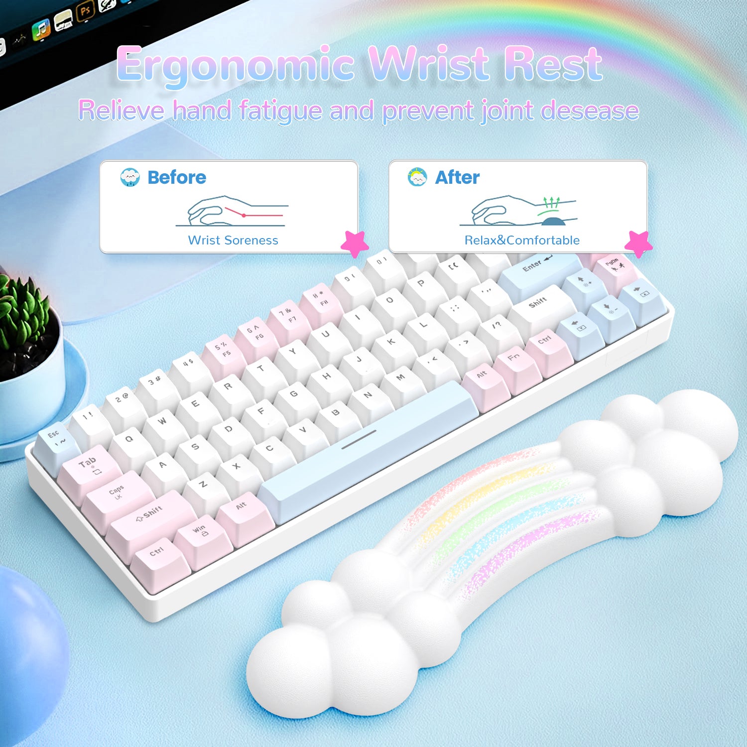 Ergonomic rainbow cloud wrist rest beside pastel keyboard, promoting hand comfort.