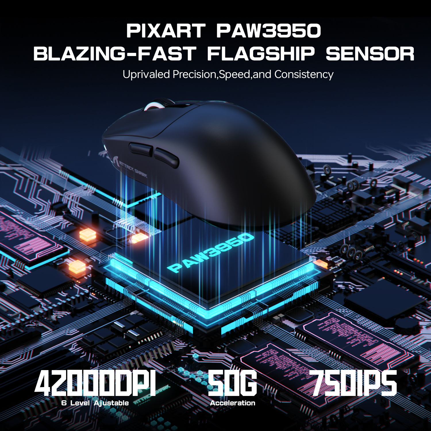 PixArt PAW3950 sensor specs: 42000 DPI, 50G acceleration, 750 IPS speed on circuit board.