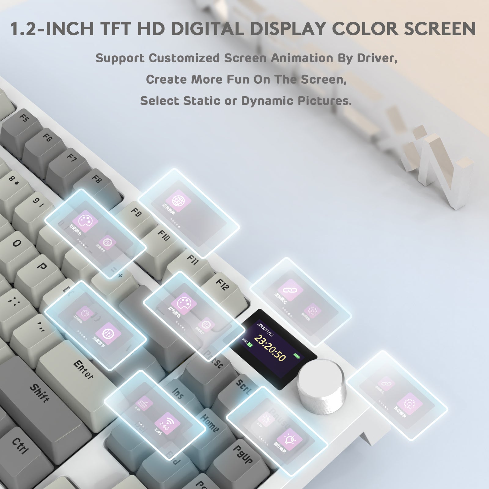 K86PRO keyboard 1.2-inch TFT HD display with customizable icons for multimedia control.