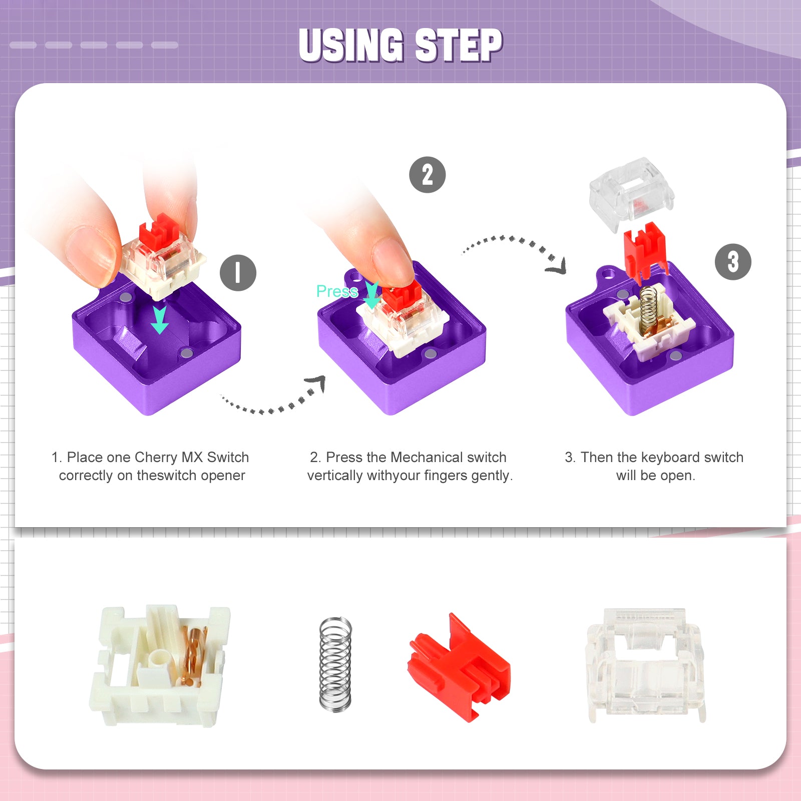 Step-by-step guide for using Cherry MX switch opener kit with mechanical switches.