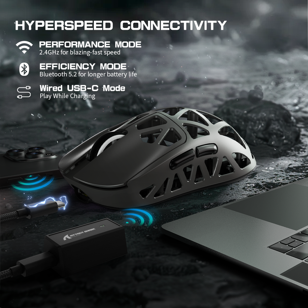 R2PRO Gaming Mouse featuring HYPERSPEED connectivity options and USB-C charging mode